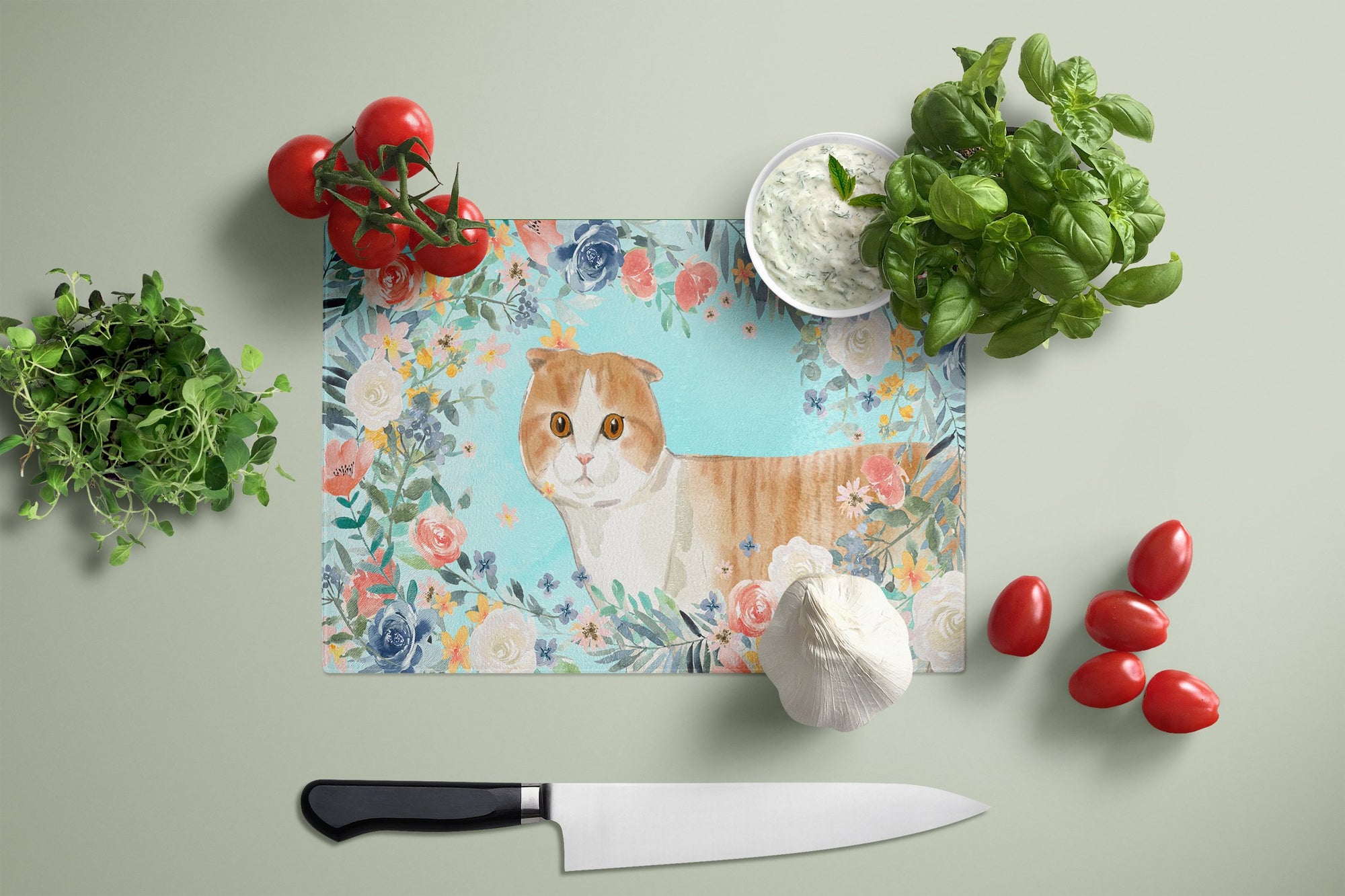 Scottish Fold Spring Flowers Glass Cutting Board Large CK3397LCB by Caroline's Treasures