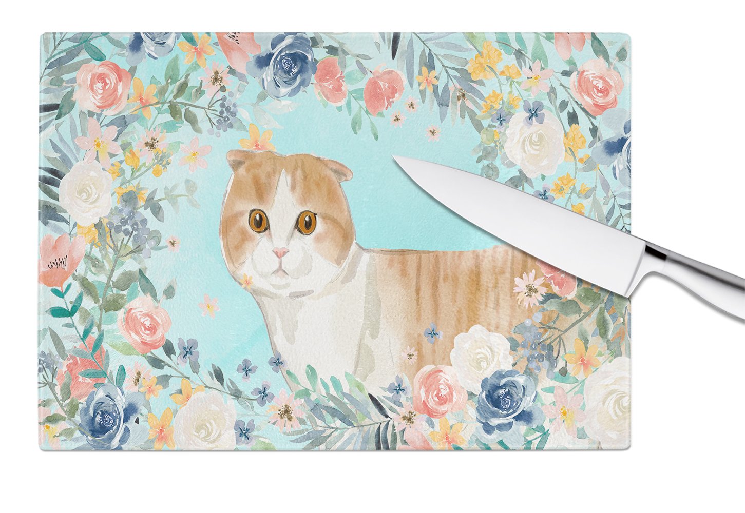 Scottish Fold Spring Flowers Glass Cutting Board Large CK3397LCB by Caroline's Treasures