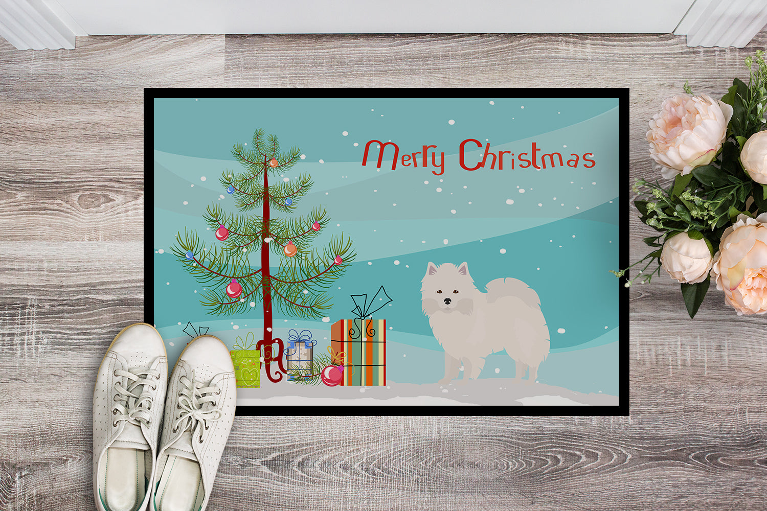 American Eskimo Christmas Tree Indoor or Outdoor Mat 18x27 CK3441MAT - the-store.com