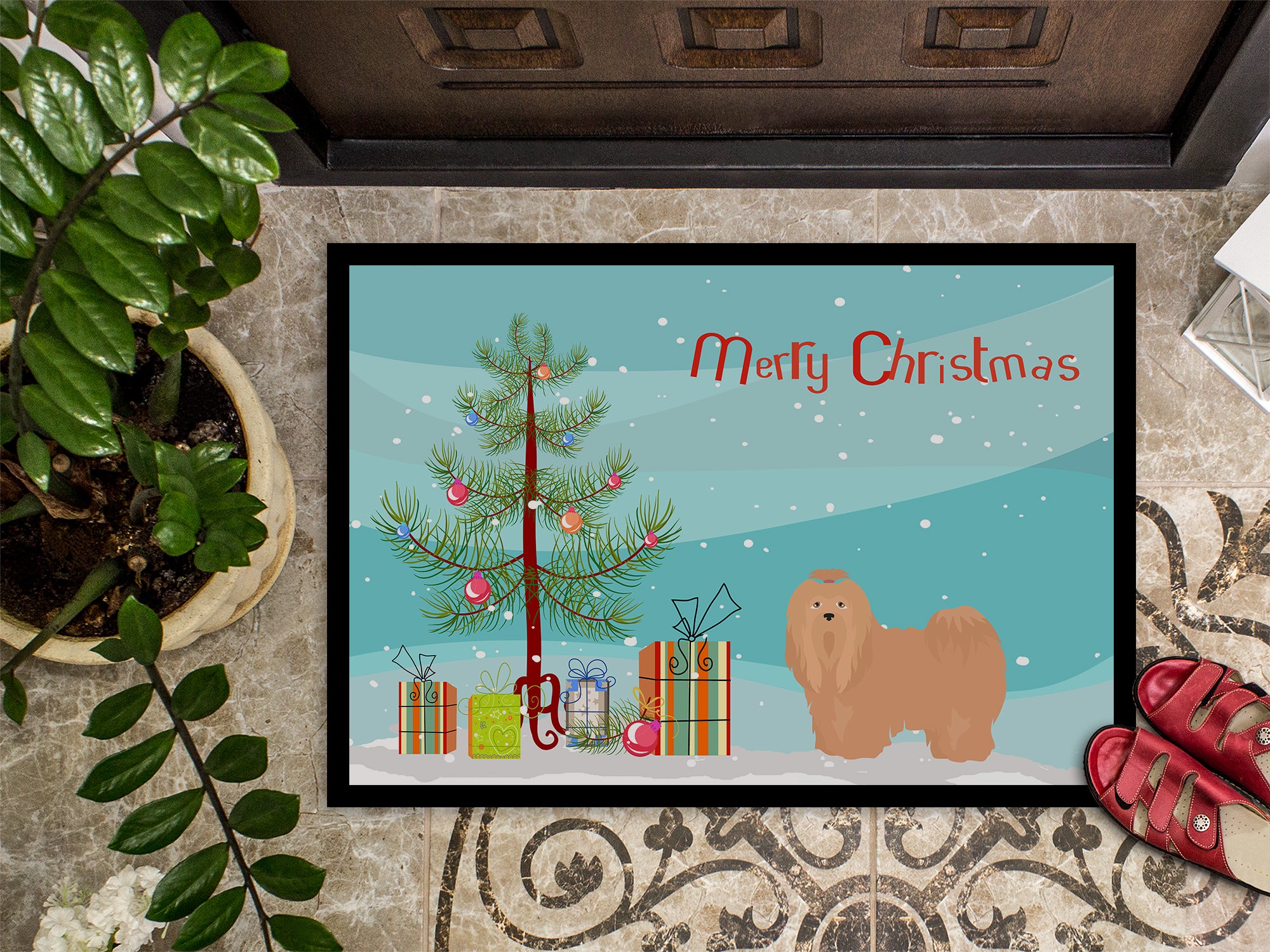 Tan Lhasa Apso Christmas Tree Indoor or Outdoor Mat 18x27 CK3468MAT - the-store.com