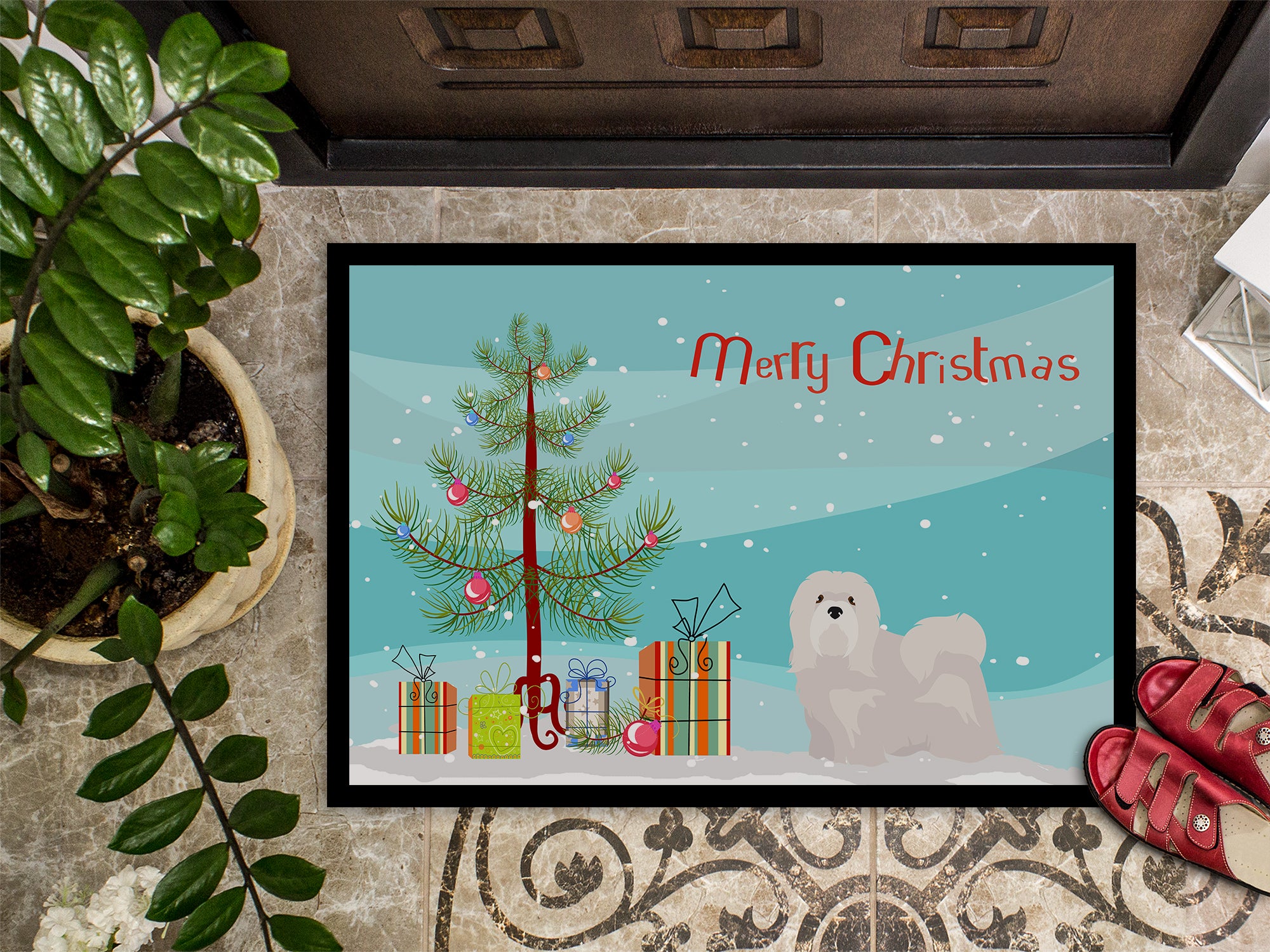 White Lhasa Apso Christmas Tree Indoor or Outdoor Mat 18x27 CK3469MAT - the-store.com