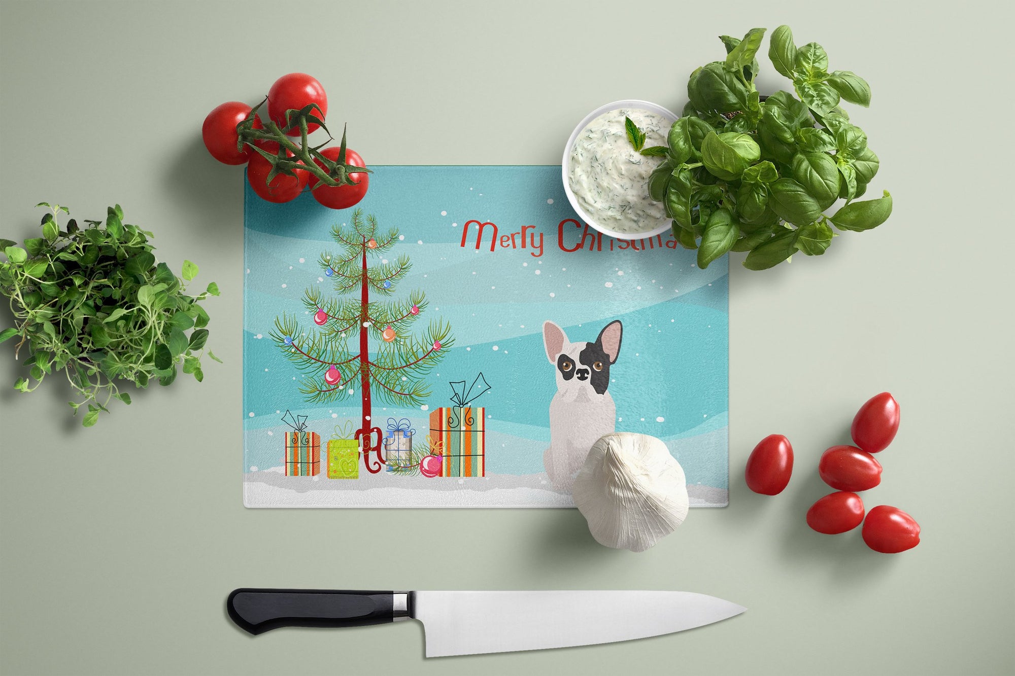Black and White French Bulldog Christmas Tree Glass Cutting Board Large CK3500LCB by Caroline's Treasures