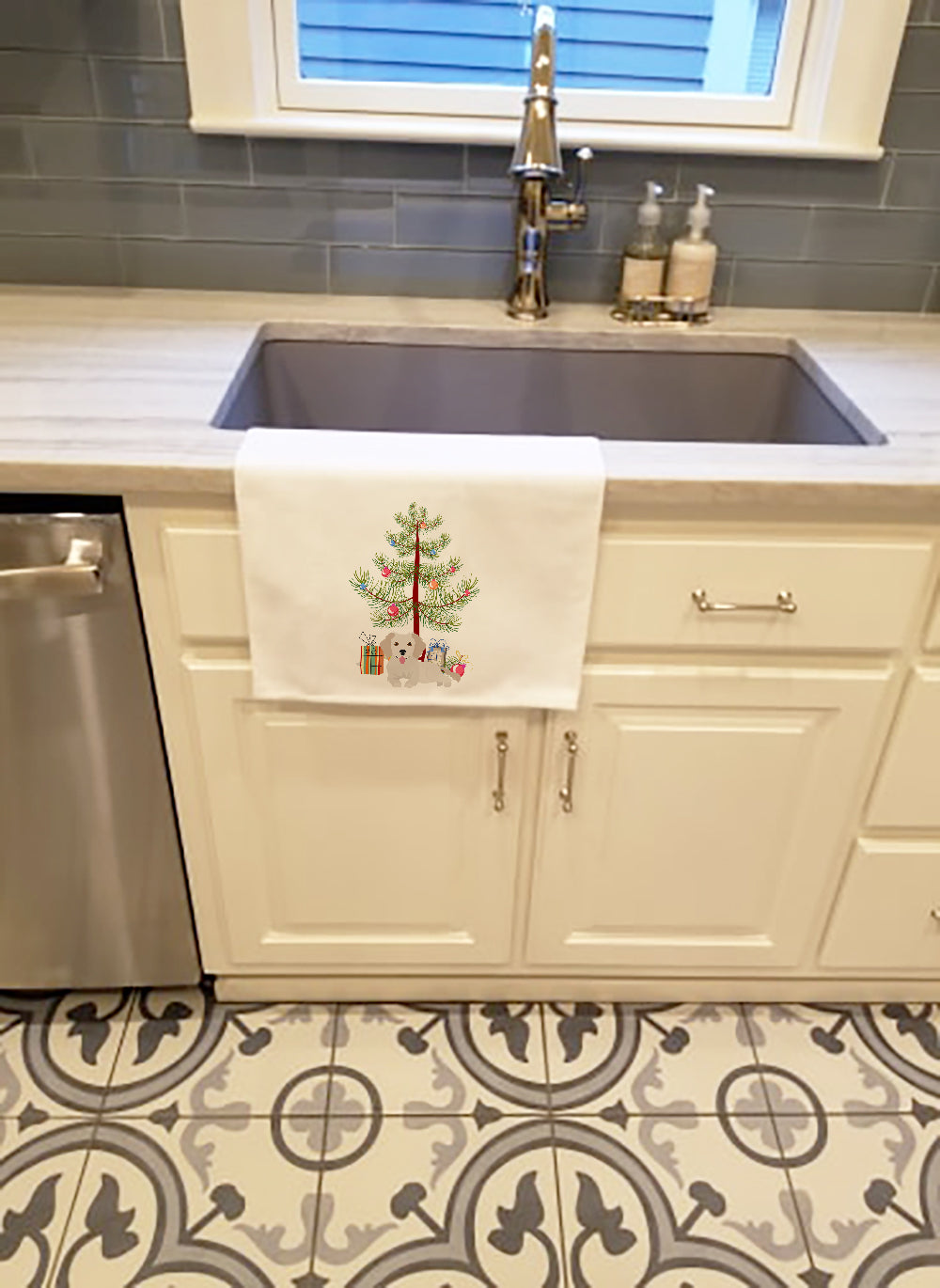 Buy this Small Greek Domestic Dog Kokoni #2 Christmas Tree White Kitchen Towel Set of 2