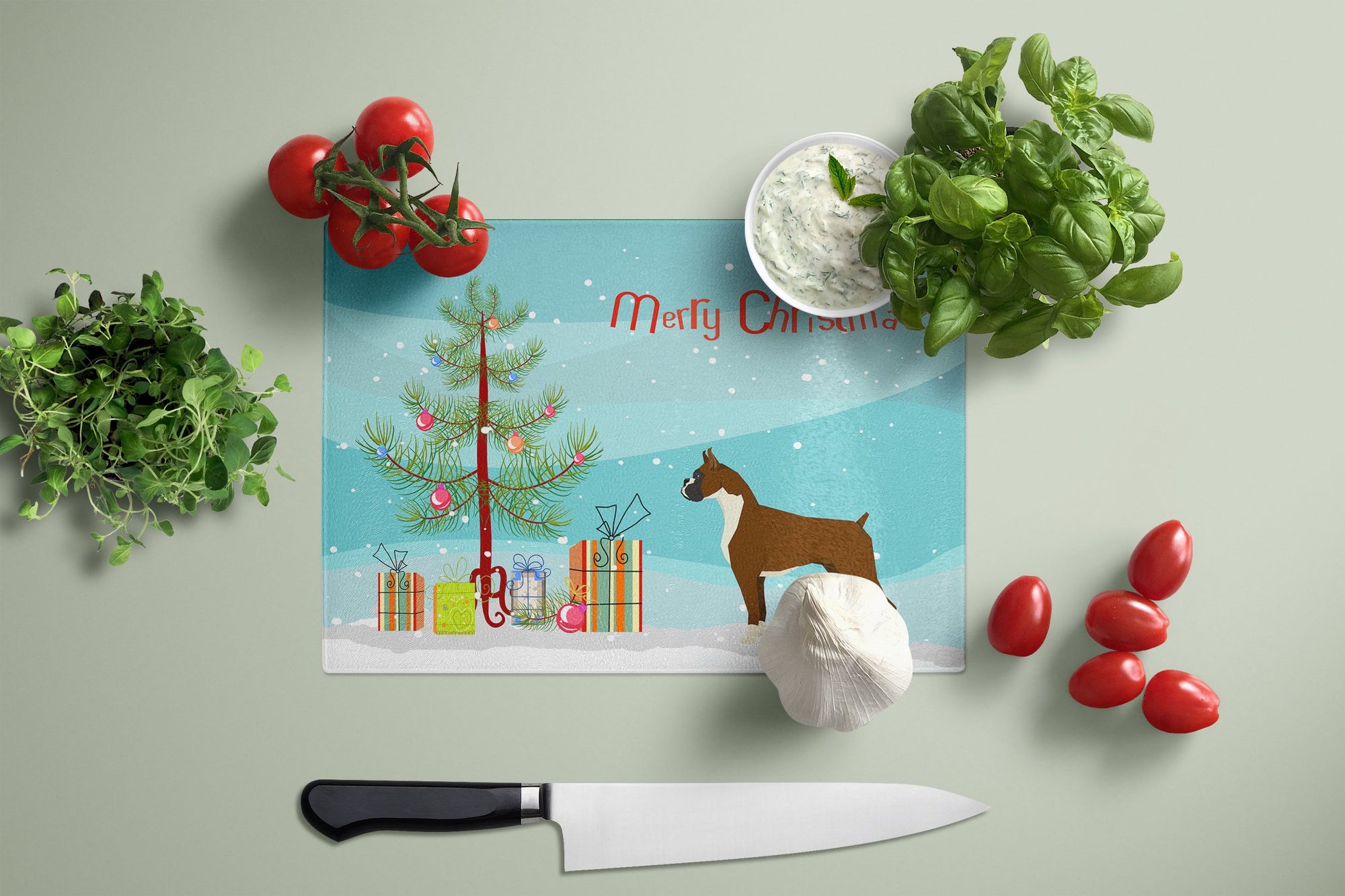 Boxer Christmas Tree Glass Cutting Board Large CK3526LCB by Caroline's Treasures