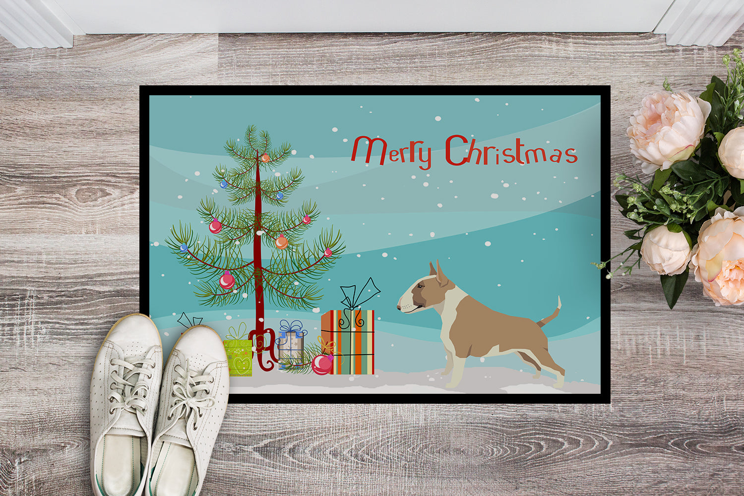 Fawn and White Bull Terrier Christmas Tree Indoor or Outdoor Mat 18x27 CK3528MAT - the-store.com