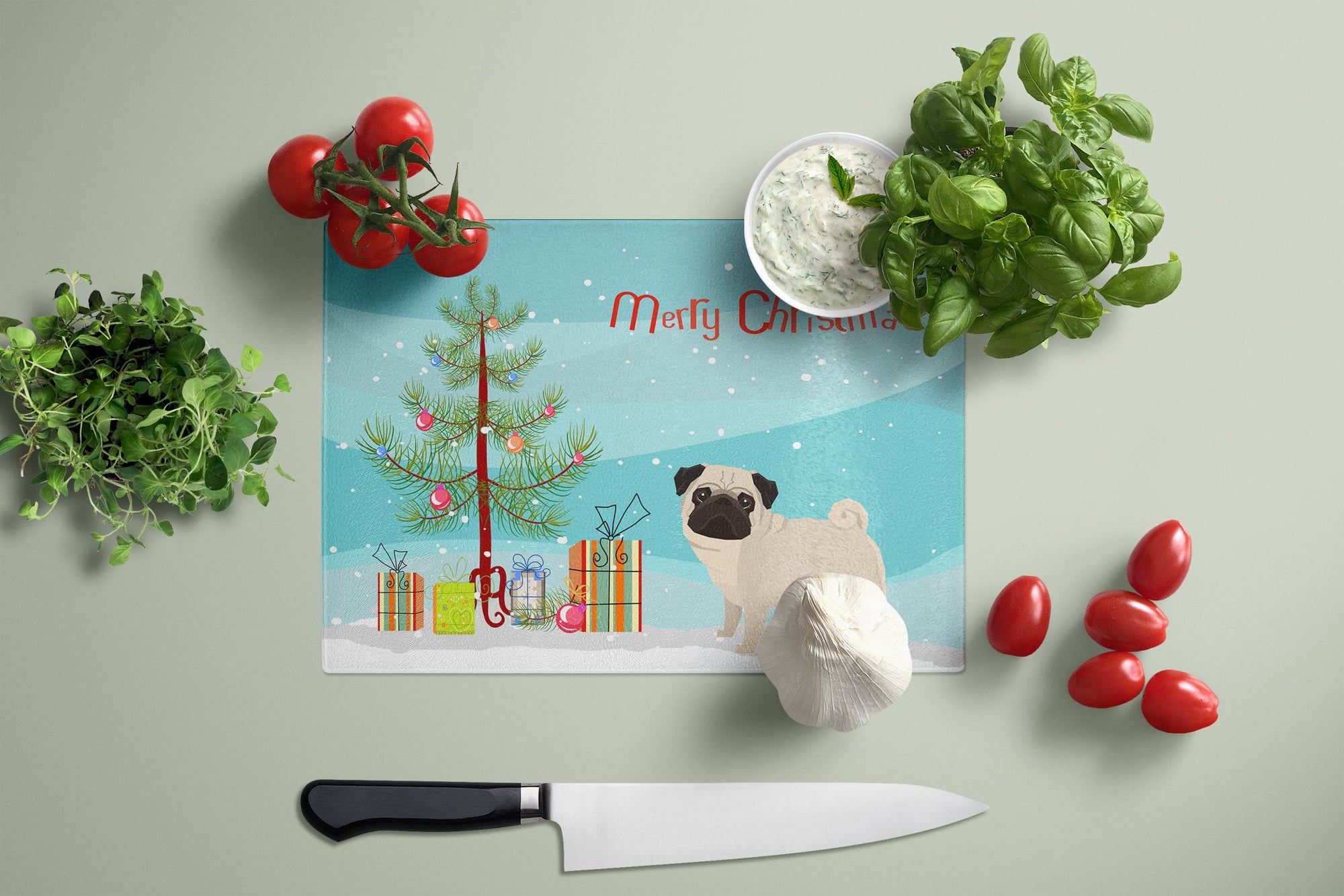 Pug Christmas Tree Glass Cutting Board Large CK3557LCB by Caroline's Treasures