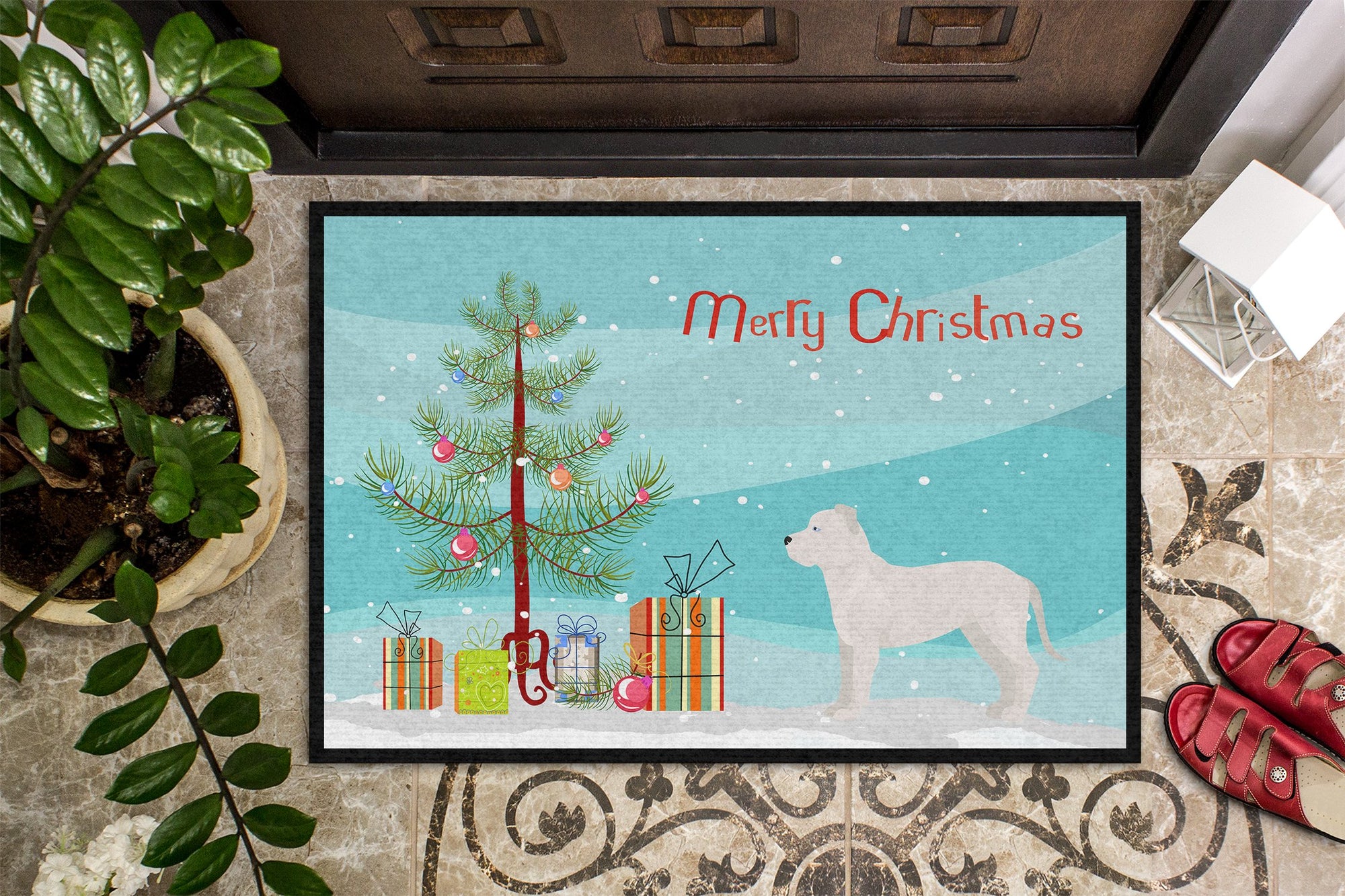 White Bullboxer Christmas Tree Indoor or Outdoor Mat 24x36 CK3808JMAT by Caroline's Treasures