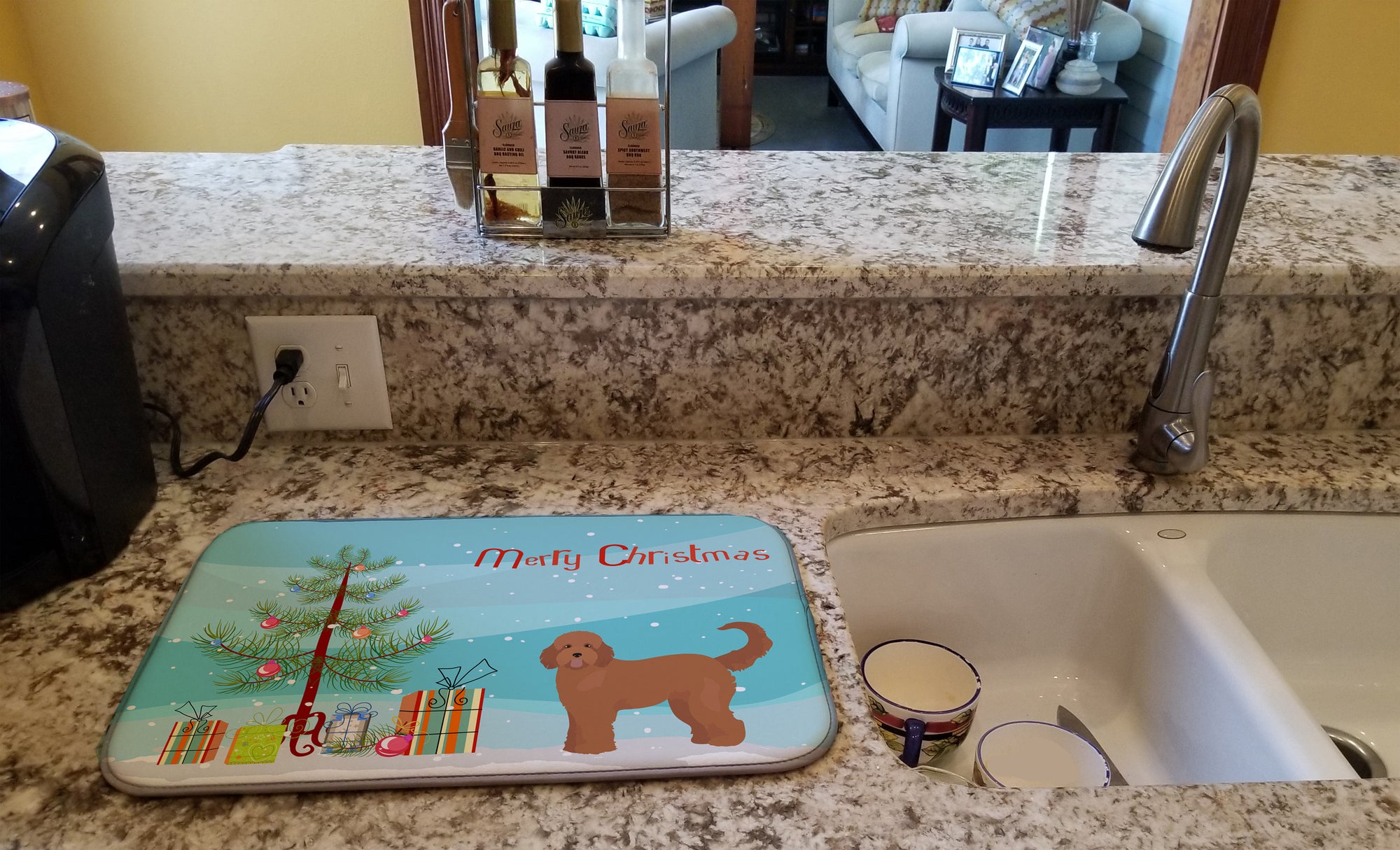 Tan Goldendoodle Christmas Tree Dish Drying Mat CK3839DDM  the-store.com.