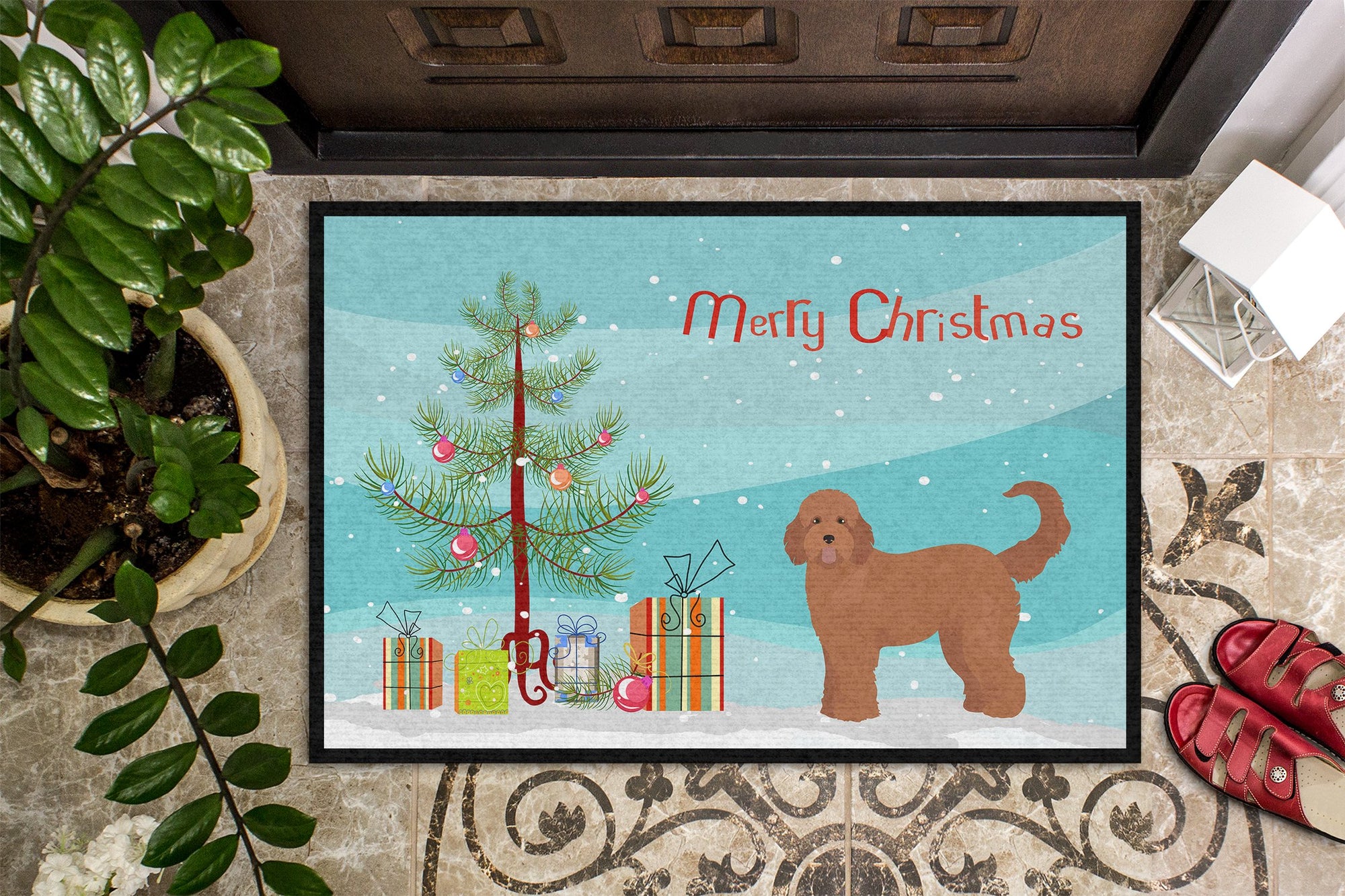 Tan Goldendoodle Christmas Tree Indoor or Outdoor Mat 24x36 CK3839JMAT by Caroline's Treasures