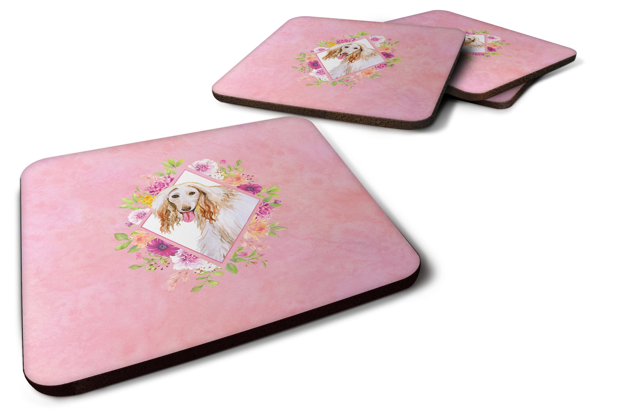 Set of 4 Afghan Hound Pink Flowers Foam Coasters Set of 4 CK4110FC - the-store.com