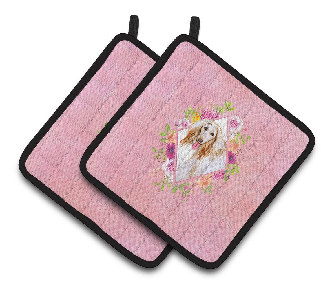 Afghan Hound Pink Flowers Pair of Pot Holders CK4110PTHD by Caroline&#39;s Treasures