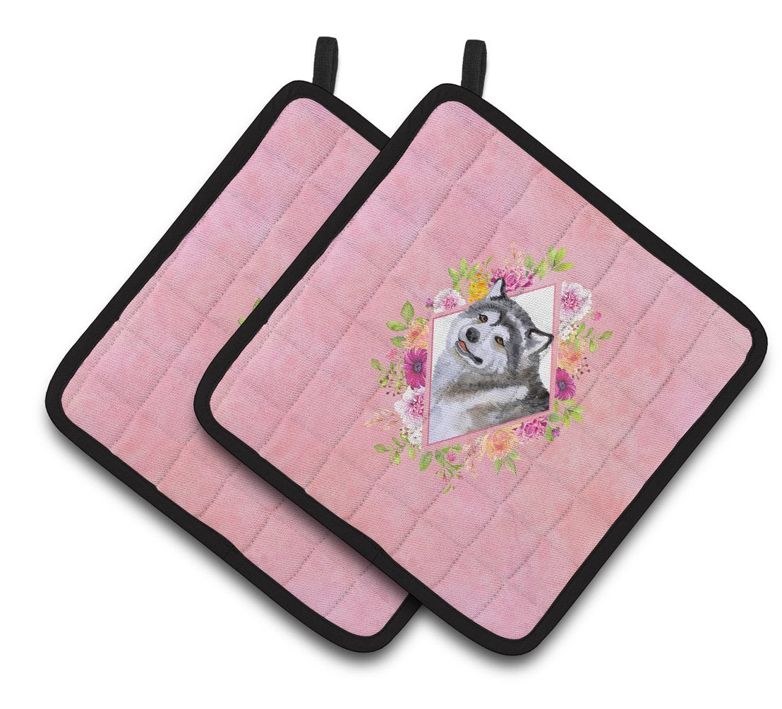 Alaskan Malamute Pink Flowers Pair of Pot Holders CK4112PTHD by Caroline's Treasures