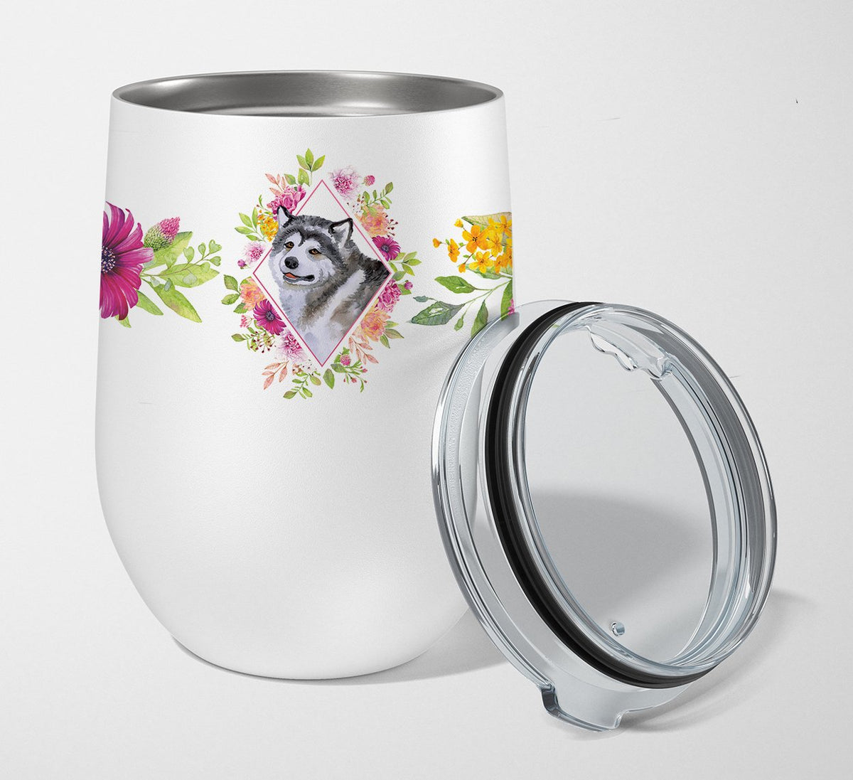 Alaskan Malamute Pink Flowers Stainless Steel 12 oz Stemless Wine Glass CK4112TBL12 by Caroline&#39;s Treasures