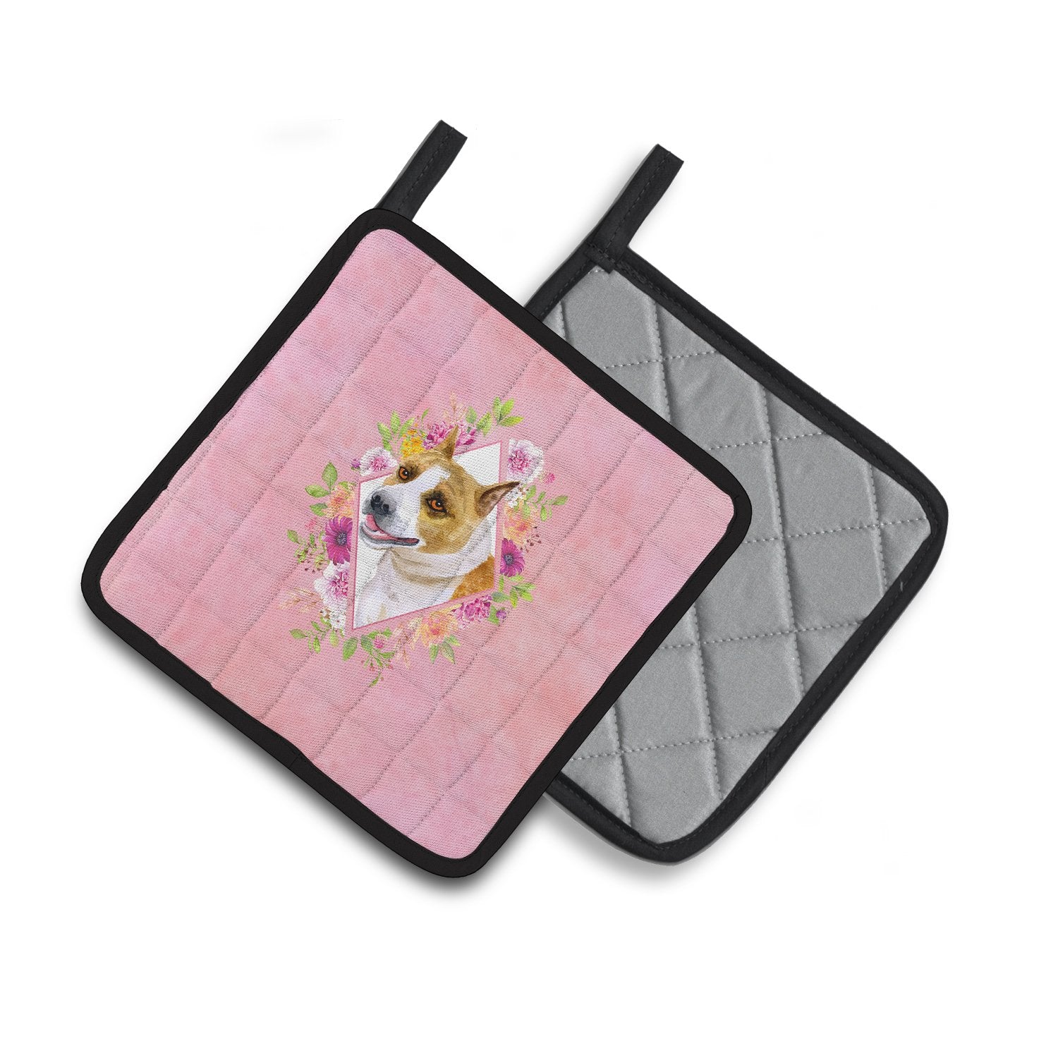 Bull Terrier Pink Flowers Pair of Pot Holders CK4114PTHD by Caroline's Treasures