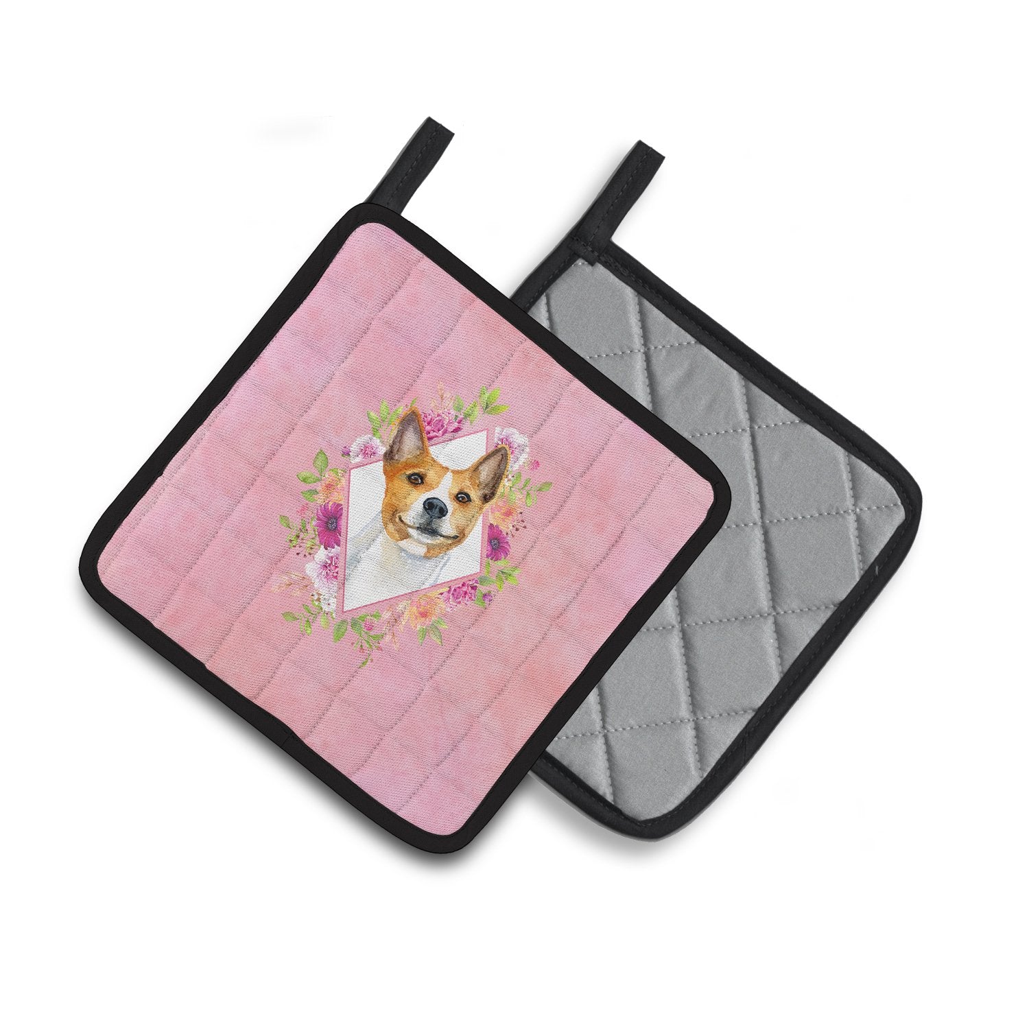 Basenji Pink Flowers Pair of Pot Holders CK4115PTHD by Caroline's Treasures