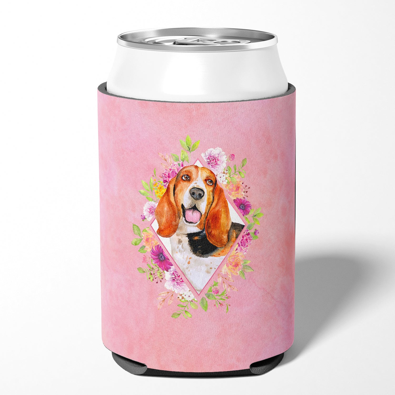 Basset Hound Pink Flowers Can or Bottle Hugger CK4116CC  the-store.com.