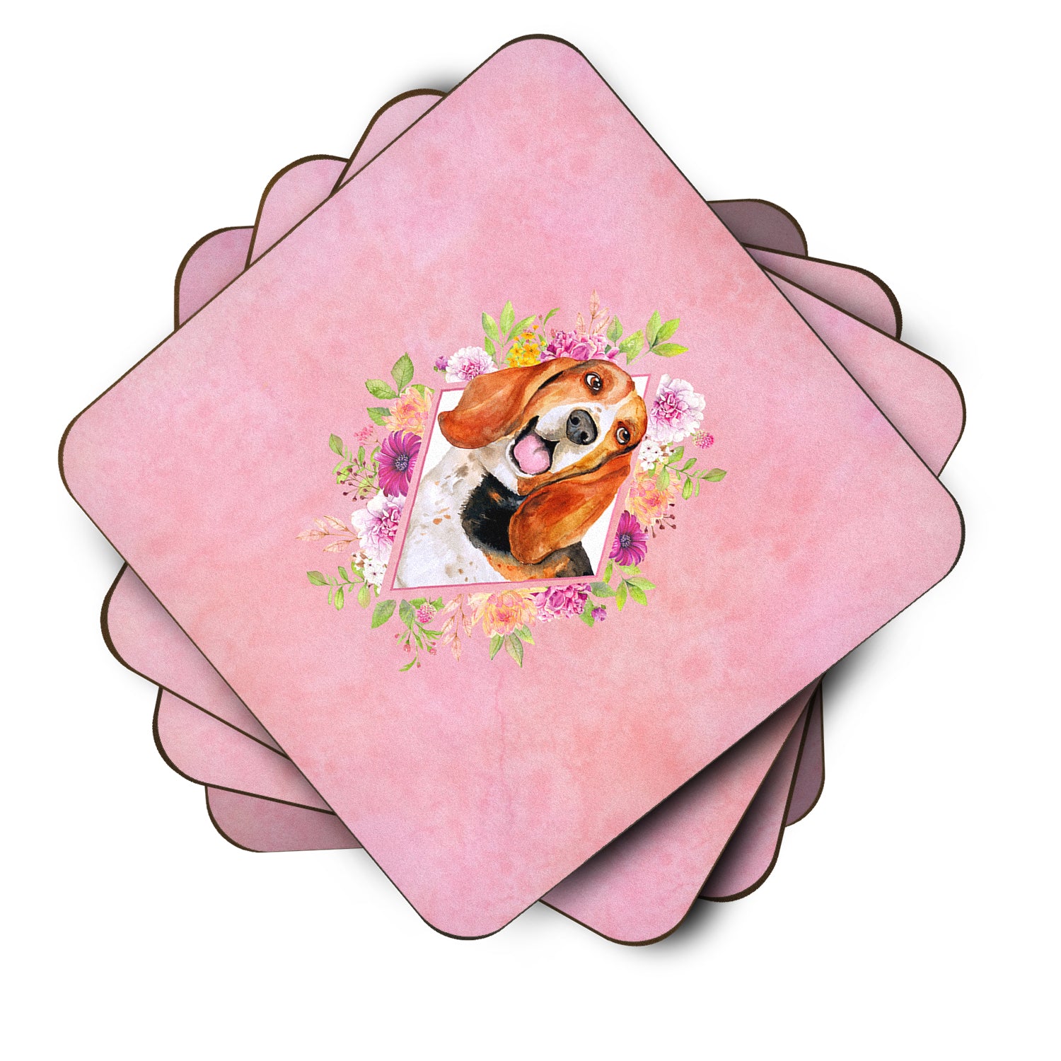 Set of 4 Basset Hound Pink Flowers Foam Coasters Set of 4 CK4116FC - the-store.com