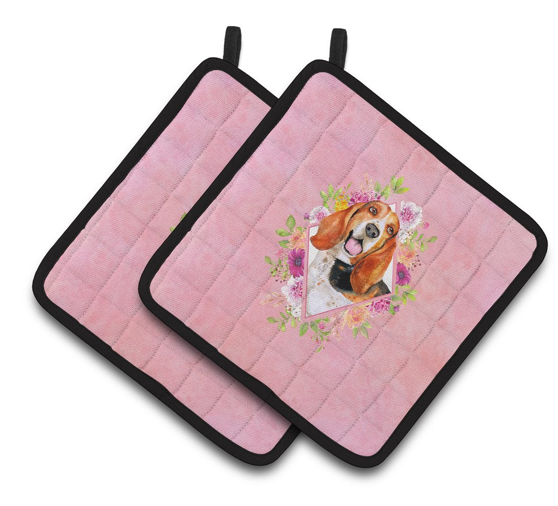 Basset Hound Pink Flowers Pair of Pot Holders CK4116PTHD by Caroline's Treasures