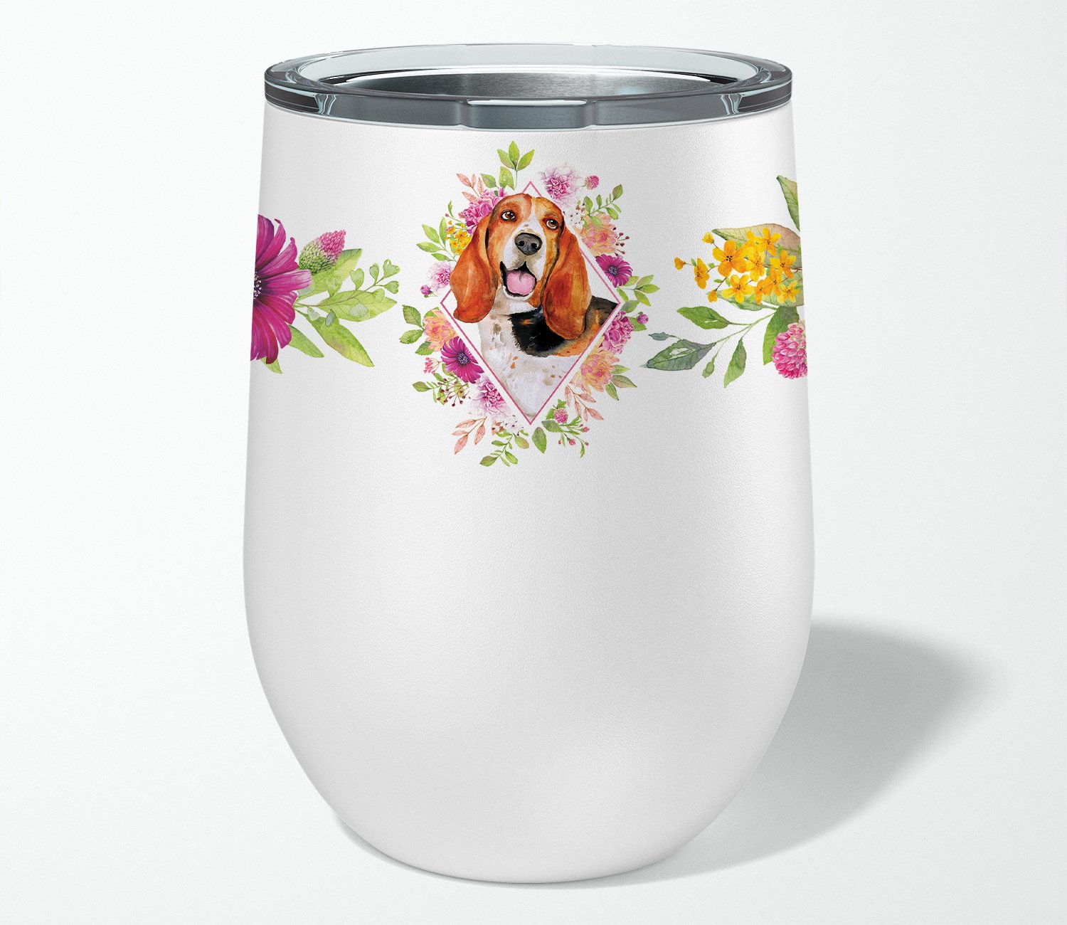 Basset Hound Pink Flowers Stainless Steel 12 oz Stemless Wine Glass CK4116TBL12 by Caroline's Treasures