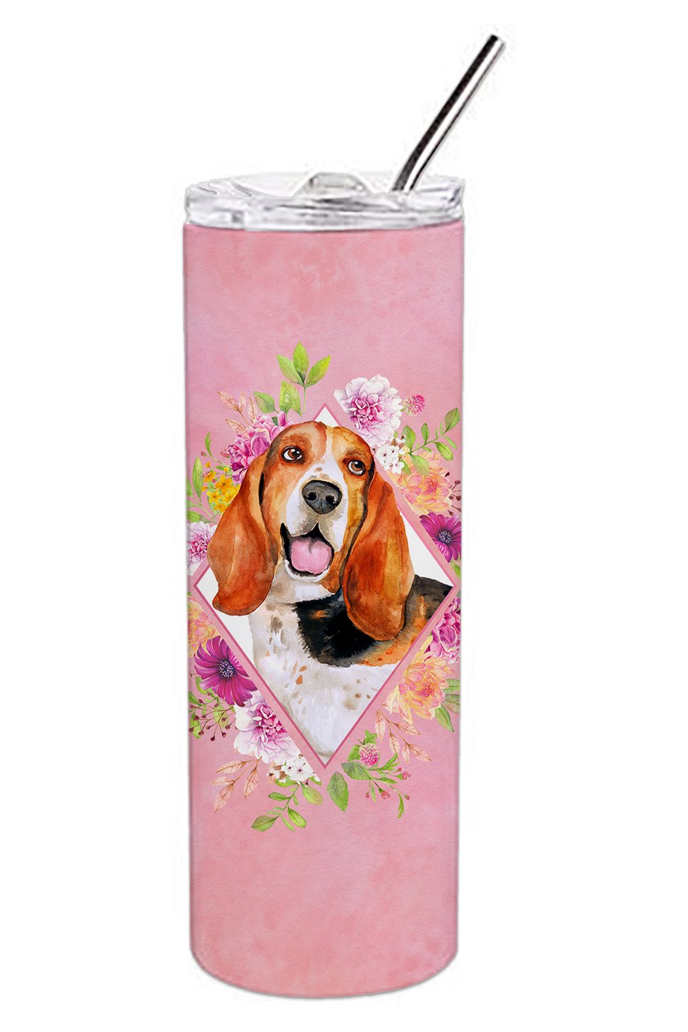 Basset Hound Pink Flowers Double Walled Stainless Steel 20 oz Skinny Tumbler CK4116TBL20 by Caroline's Treasures