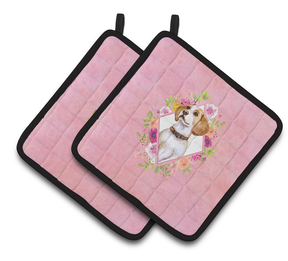 Beagle Pink Flowers Pair of Pot Holders CK4117PTHD by Caroline's Treasures