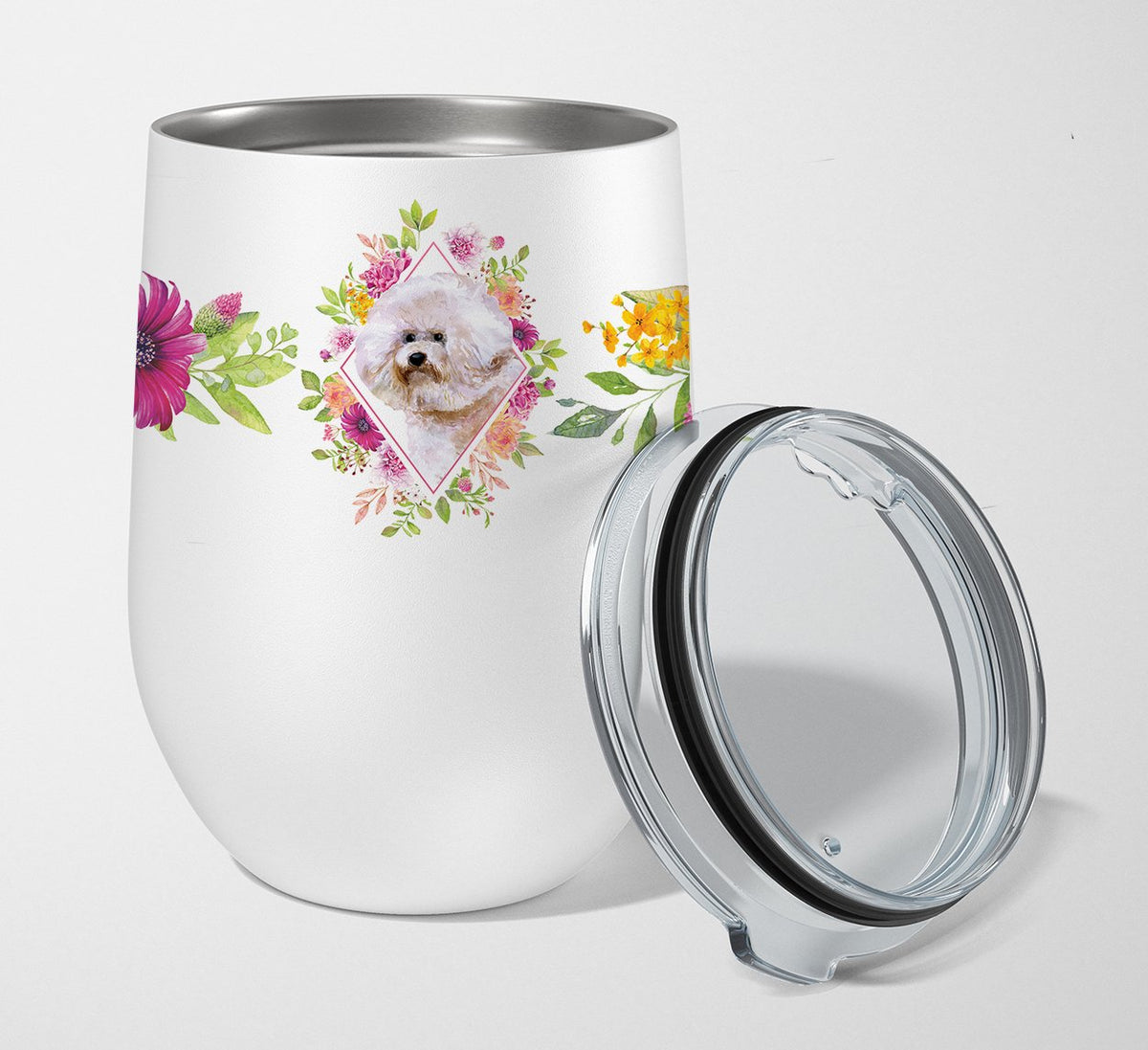 Bichon Frisé #1 Pink Flowers Stainless Steel 12 oz Stemless Wine Glass CK4119TBL12 by Caroline&#39;s Treasures