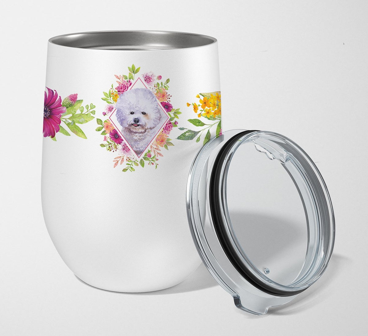 Bichon Frisé #2 Pink Flowers Stainless Steel 12 oz Stemless Wine Glass CK4120TBL12 by Caroline&#39;s Treasures