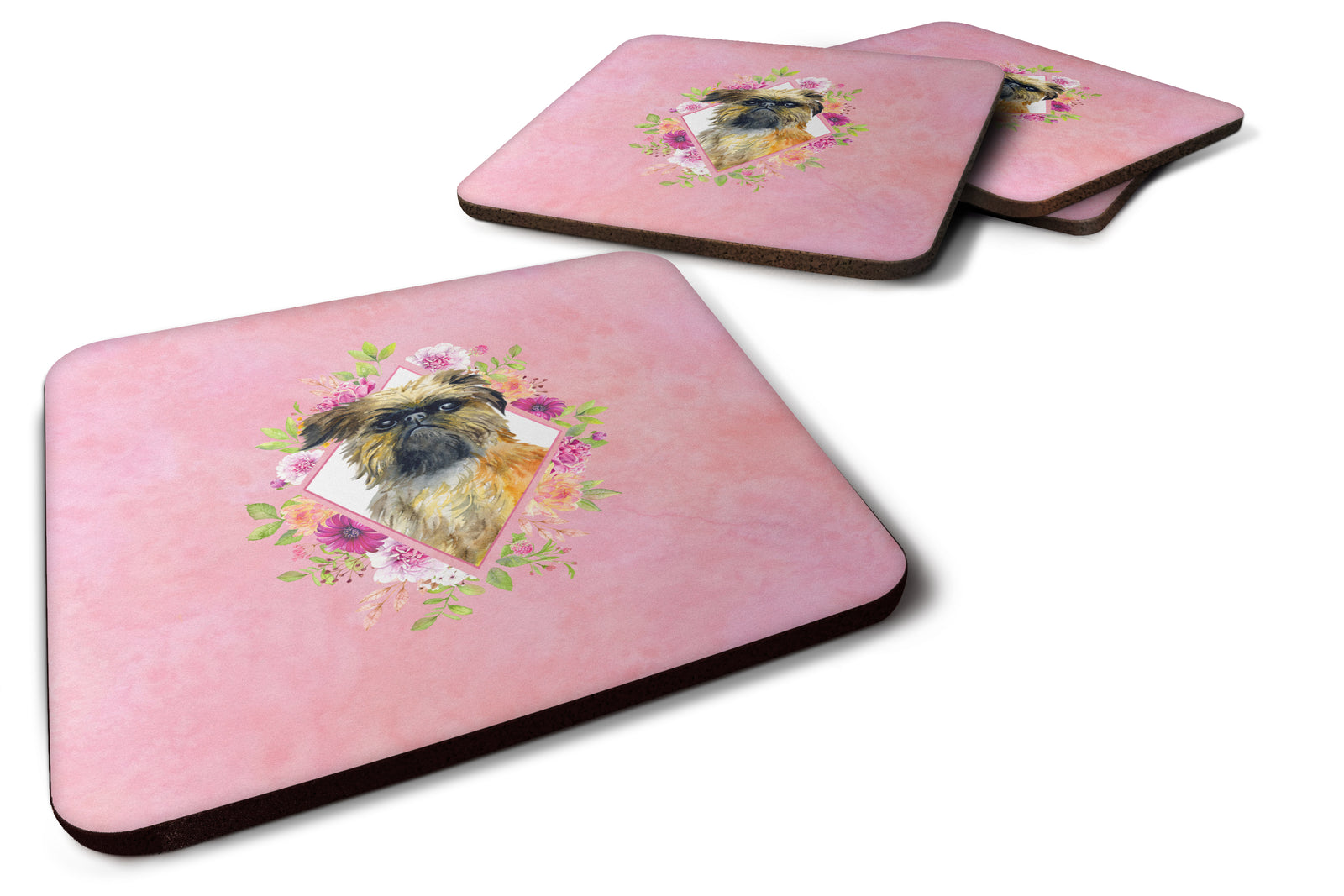 Set of 4 Brussels Griffon Pink Flowers Foam Coasters Set of 4 CK4123FC - the-store.com