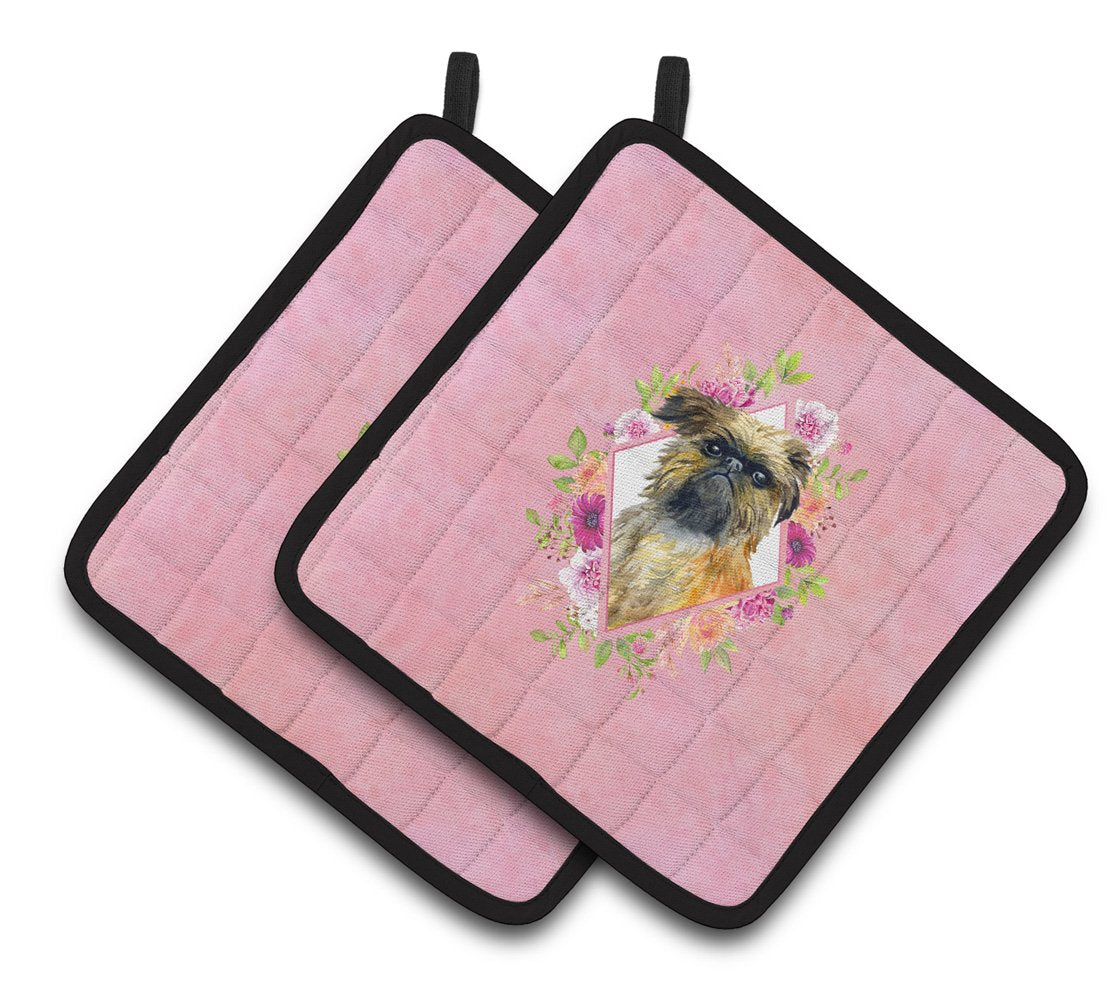 Brussels Griffon Pink Flowers Pair of Pot Holders CK4123PTHD by Caroline's Treasures