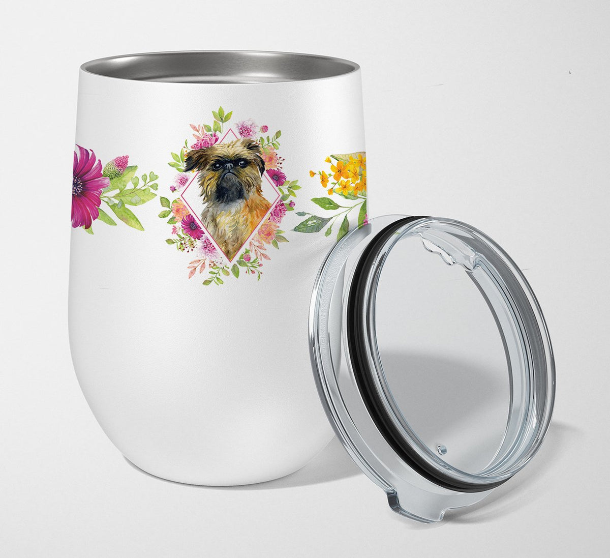 Brussels Griffon Pink Flowers Stainless Steel 12 oz Stemless Wine Glass CK4123TBL12 by Caroline&#39;s Treasures