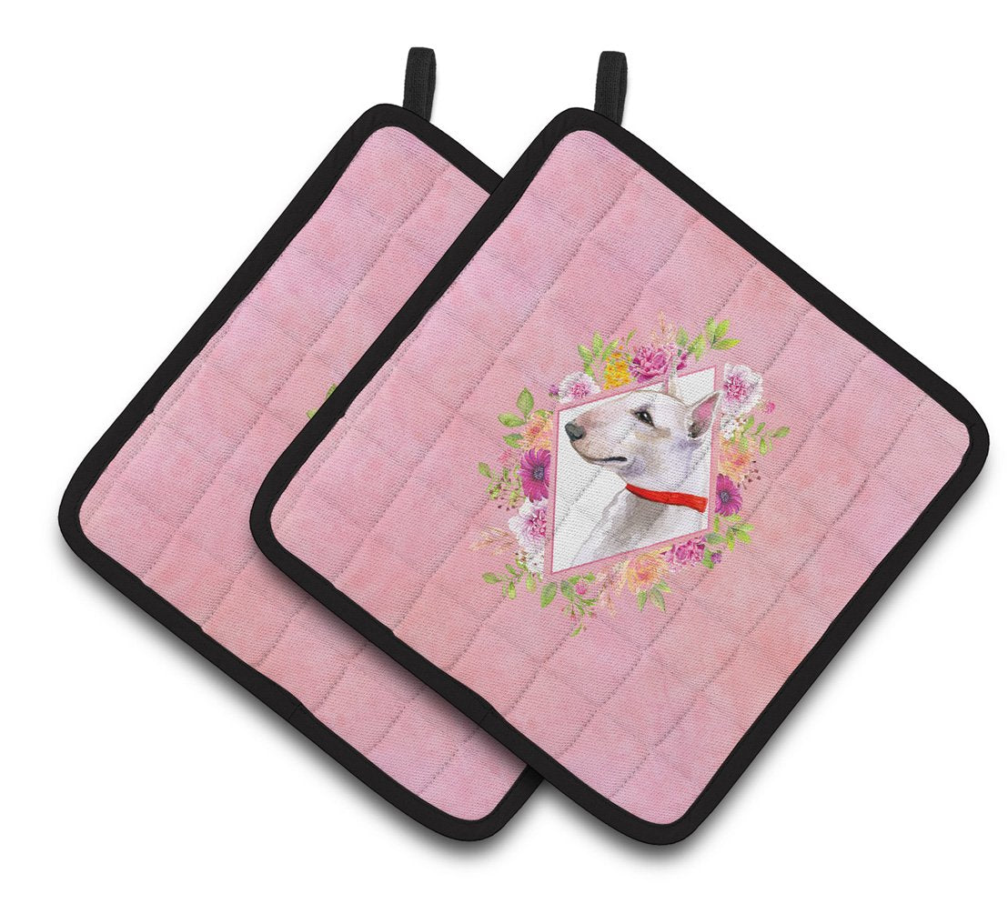 Bull Terrier Pink Flowers Pair of Pot Holders CK4124PTHD by Caroline's Treasures