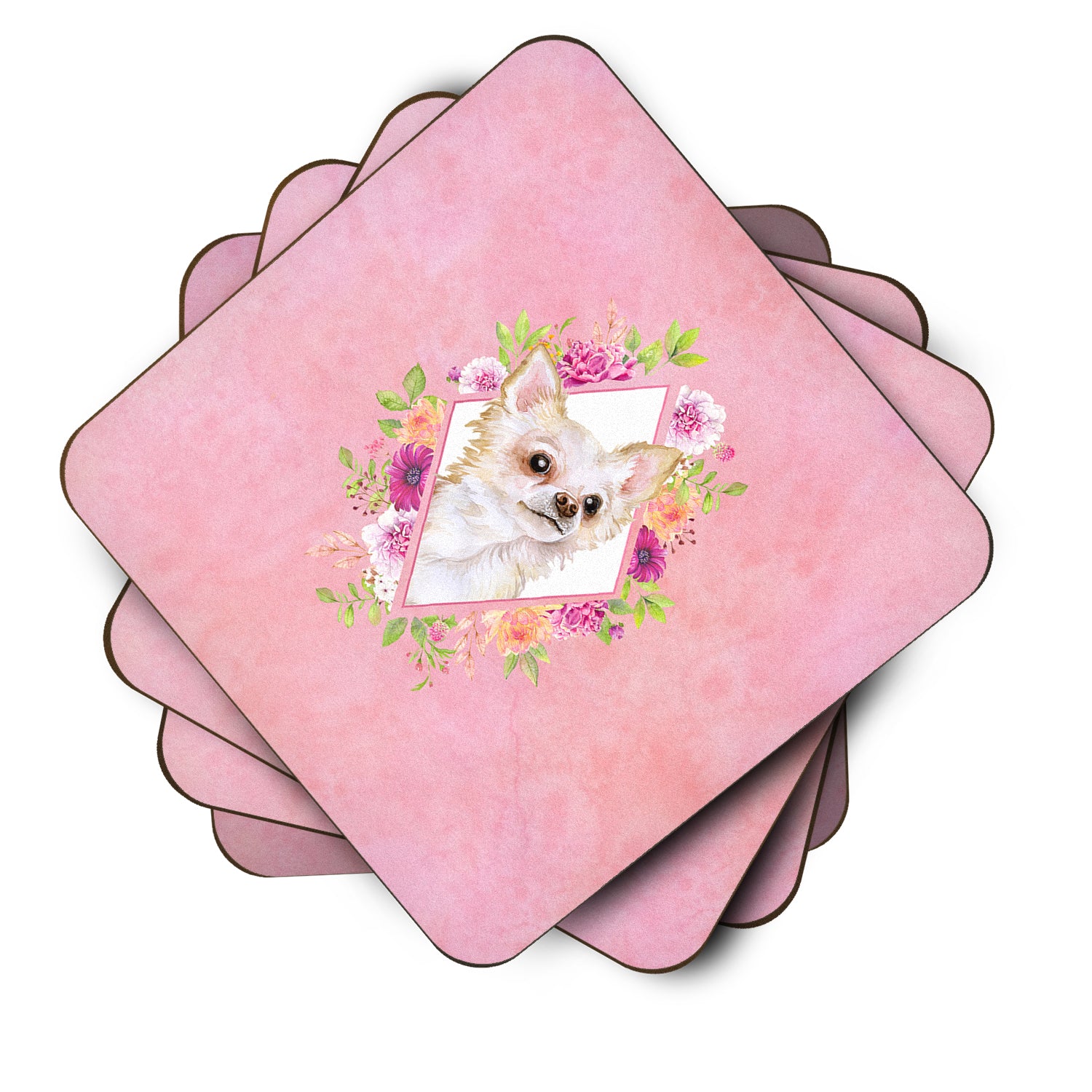 Set of 4 Long Hair Chihuahua Pink Flowers Foam Coasters Set of 4 CK4127FC - the-store.com