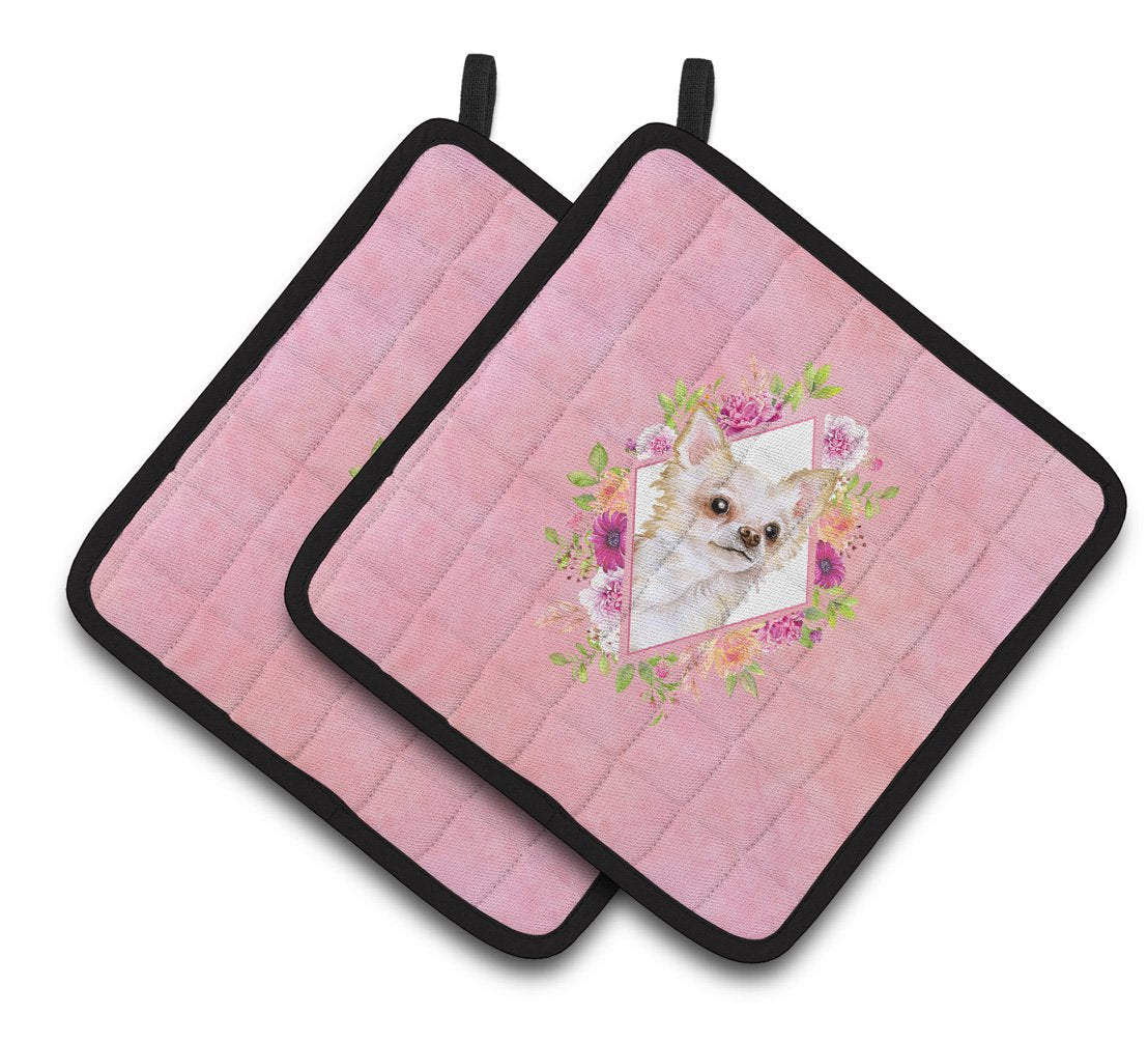 Long Hair Chihuahua Pink Flowers Pair of Pot Holders CK4127PTHD by Caroline&#39;s Treasures