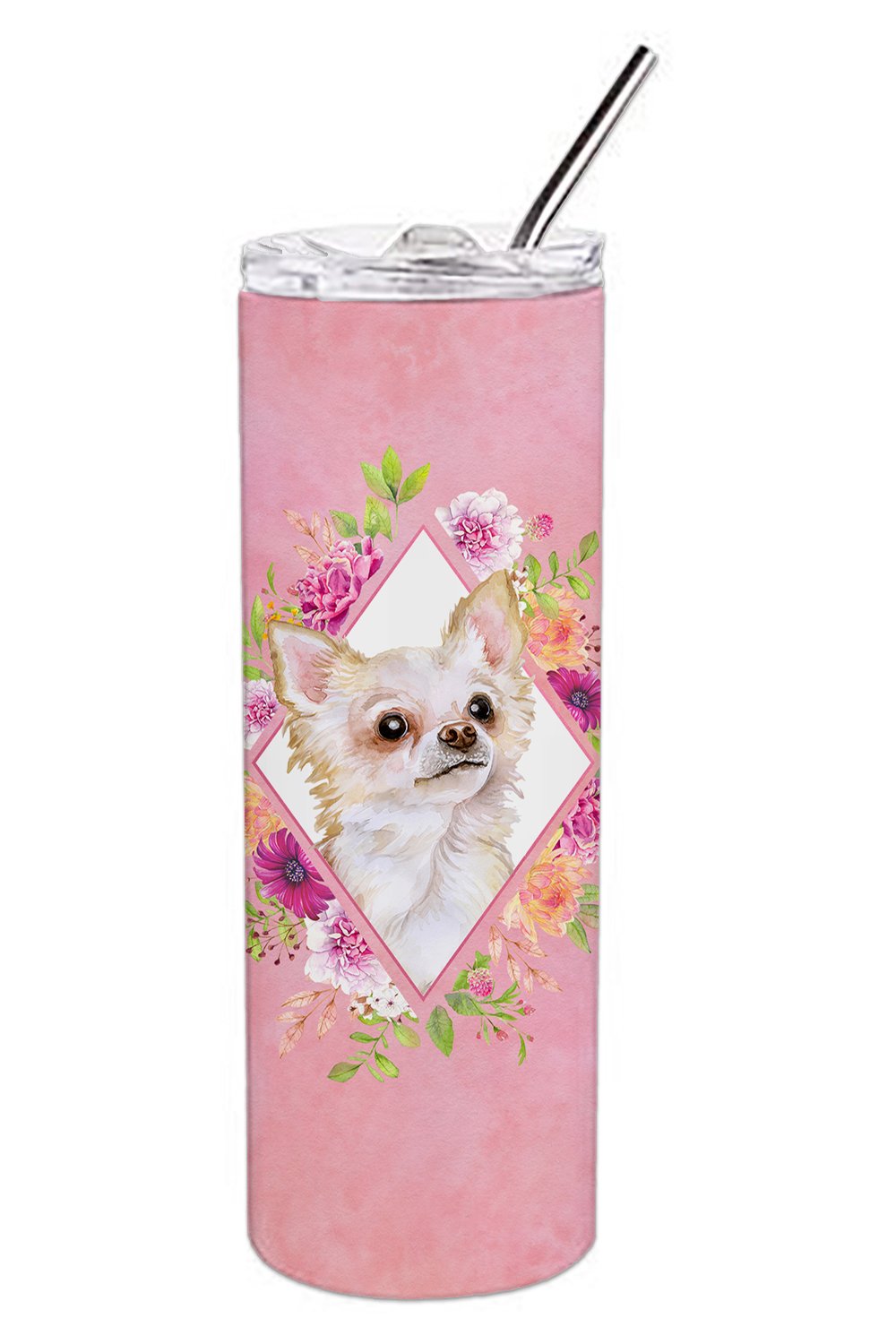 Long Hair Chihuahua Pink Flowers Double Walled Stainless Steel 20 oz Skinny Tumbler CK4127TBL20 by Caroline's Treasures