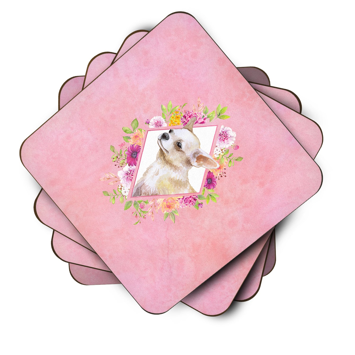 Set of 4 Chihuahua #2 Pink Flowers Foam Coasters Set of 4 CK4129FC - the-store.com