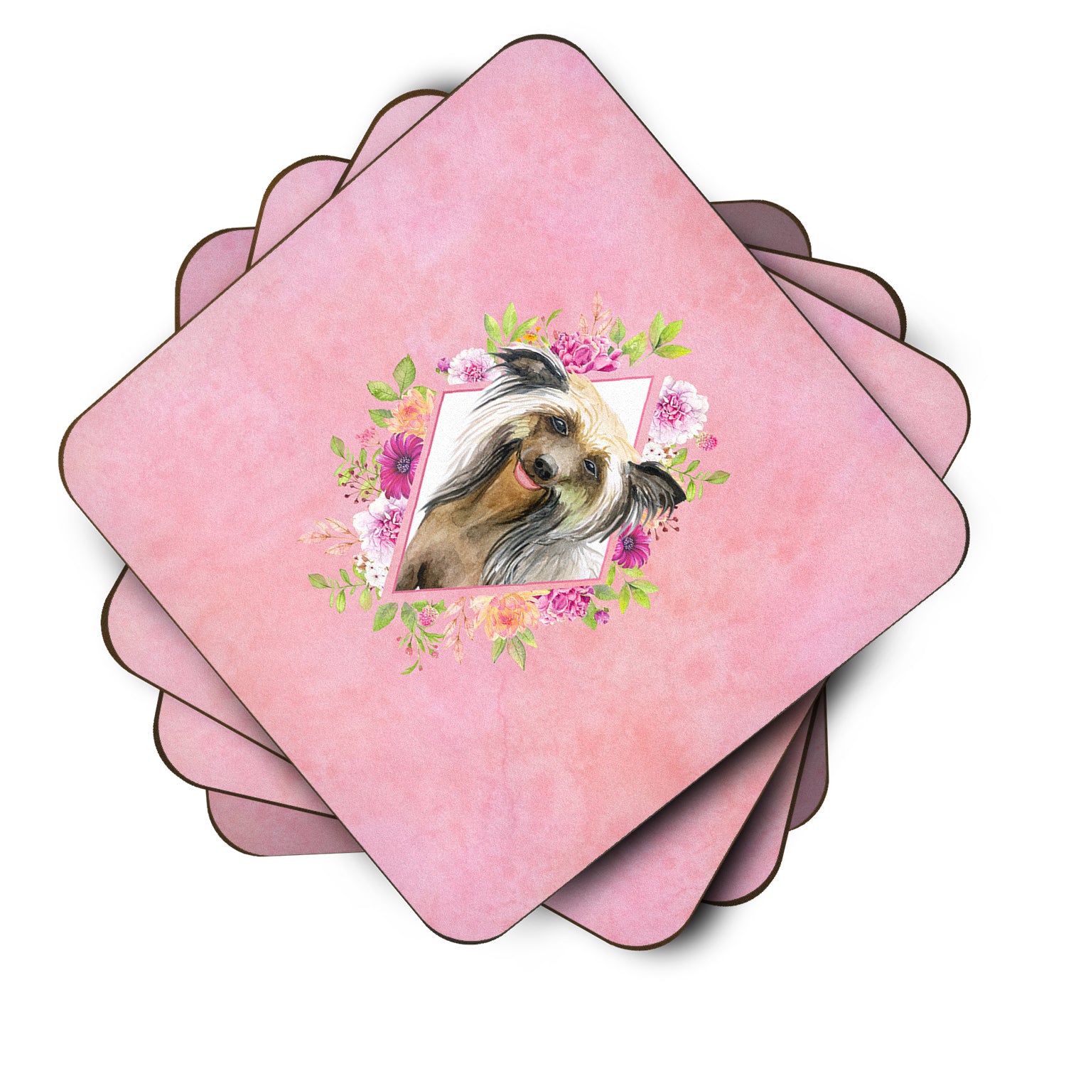 Set of 4 Chinese Crested Pink Flowers Foam Coasters Set of 4 CK4130FC - the-store.com