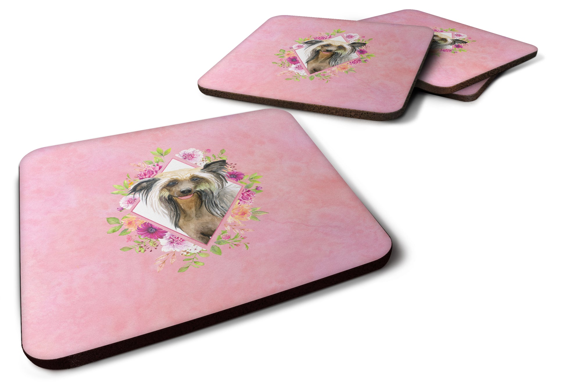 Set of 4 Chinese Crested Pink Flowers Foam Coasters Set of 4 CK4130FC - the-store.com