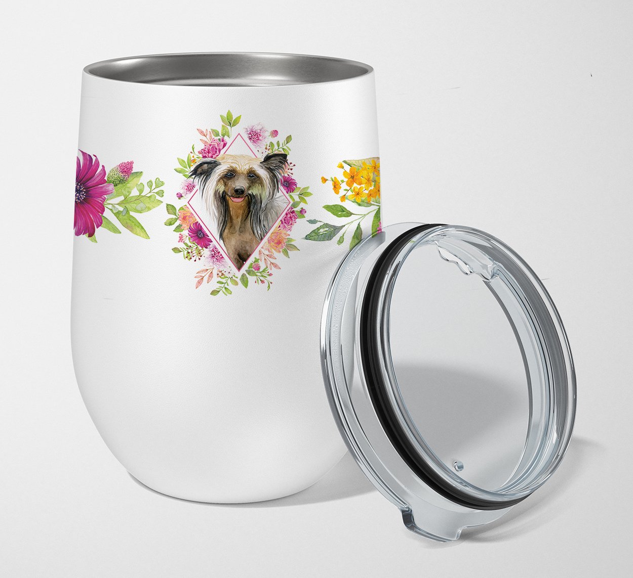 Chinese Crested Pink Flowers Stainless Steel 12 oz Stemless Wine Glass CK4130TBL12 by Caroline's Treasures