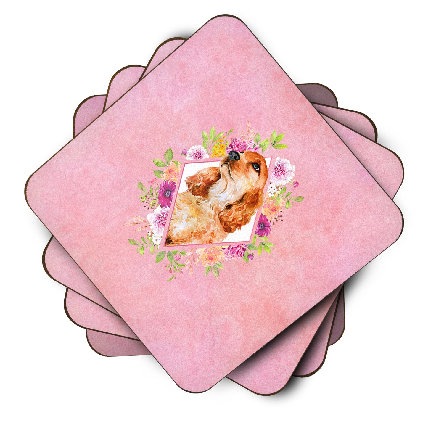 Set of 4 Cocker Spaniel #2 Pink Flowers Foam Coasters Set of 4 CK4133FC - the-store.com