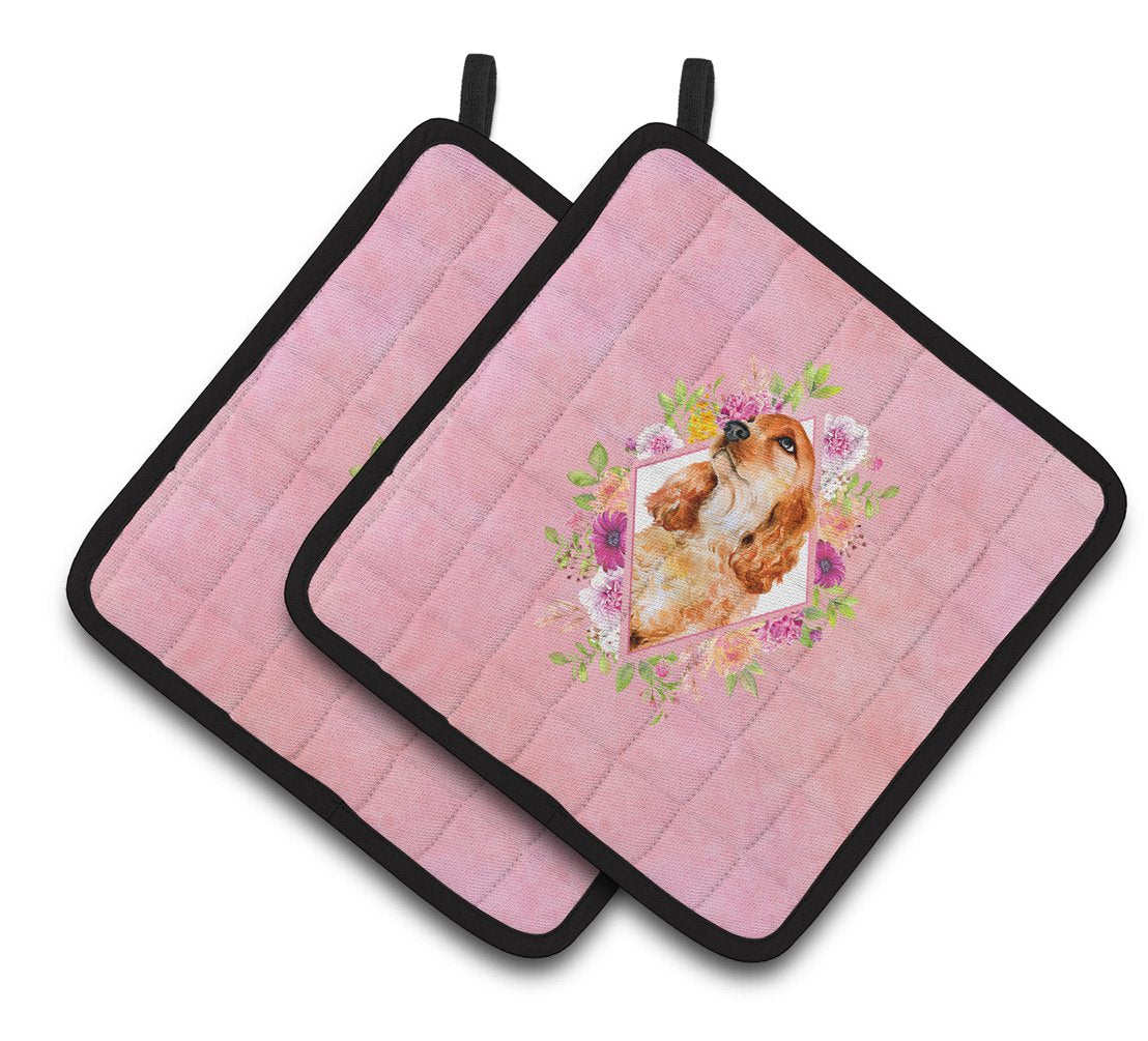 Cocker Spaniel #2 Pink Flowers Pair of Pot Holders CK4133PTHD by Caroline's Treasures