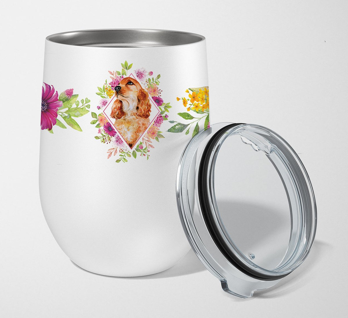 Cocker Spaniel #2 Pink Flowers Stainless Steel 12 oz Stemless Wine Glass CK4133TBL12 by Caroline&#39;s Treasures