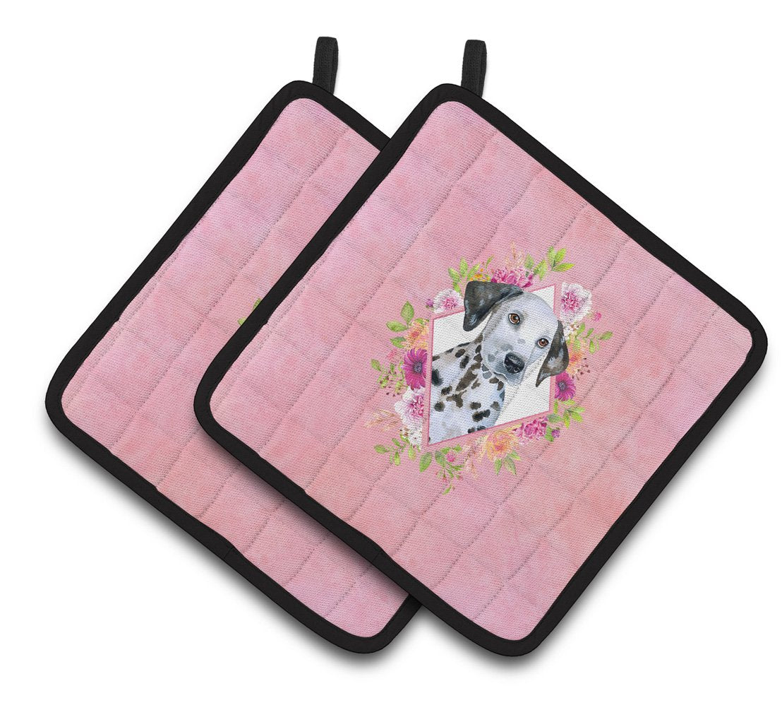 Dalmatian Puppy Pink Flowers Pair of Pot Holders CK4136PTHD by Caroline's Treasures