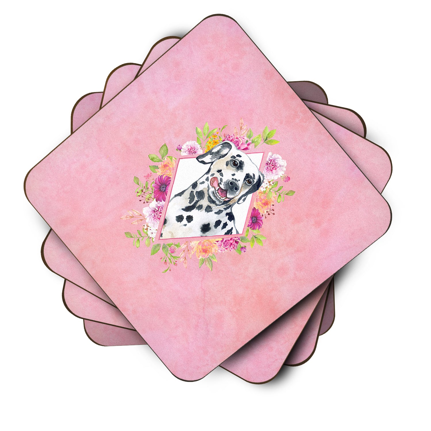 Set of 4 Dalmatian Pink Flowers Foam Coasters Set of 4 CK4137FC - the-store.com