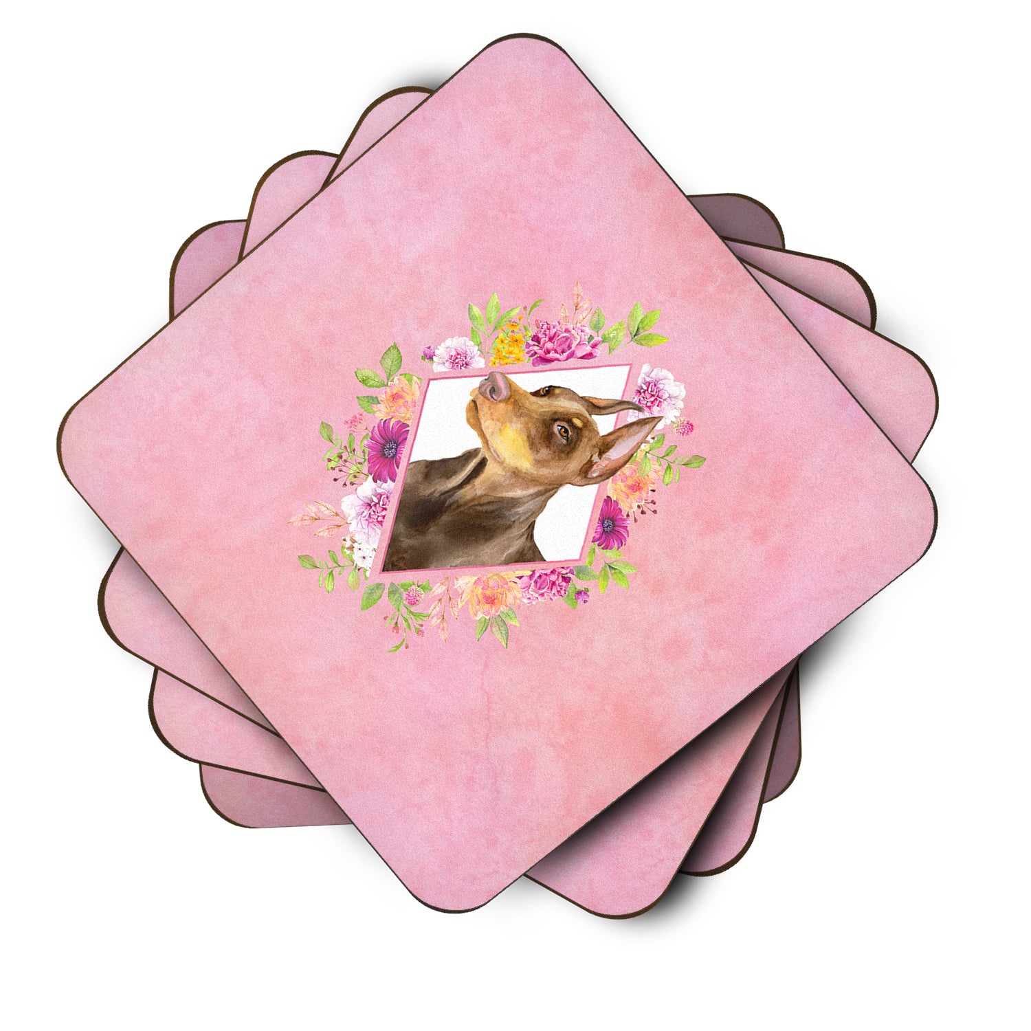 Set of 4 Doberman Pinscher Pink Flowers Foam Coasters Set of 4 CK4138FC - the-store.com