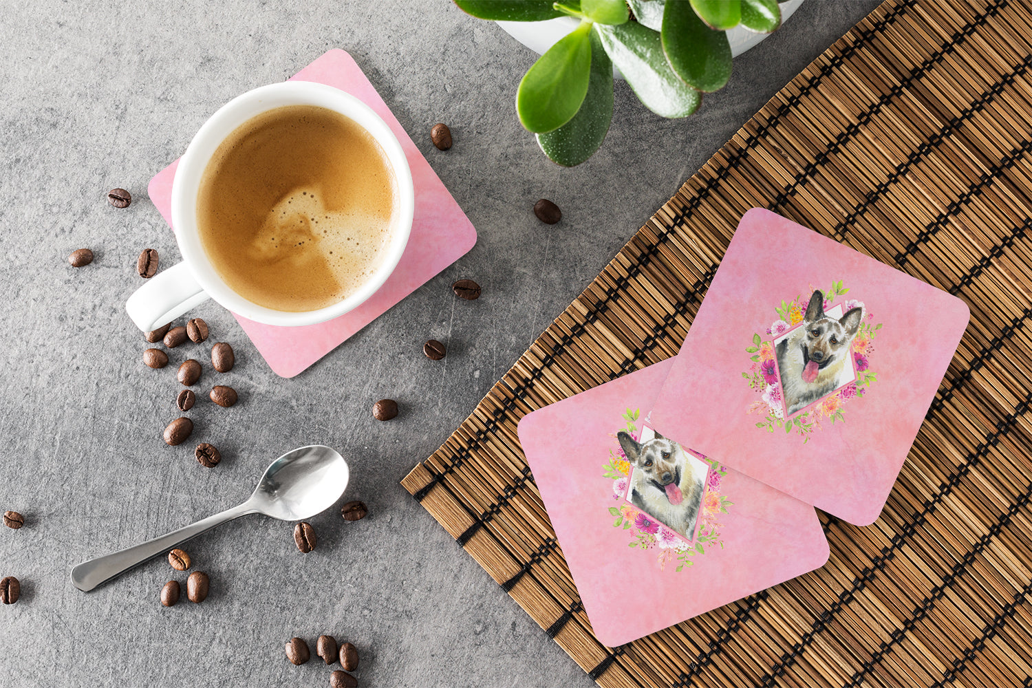 Set of 4 Eastern German Shepherd Pink Flowers Foam Coasters Set of 4 CK4139FC - the-store.com