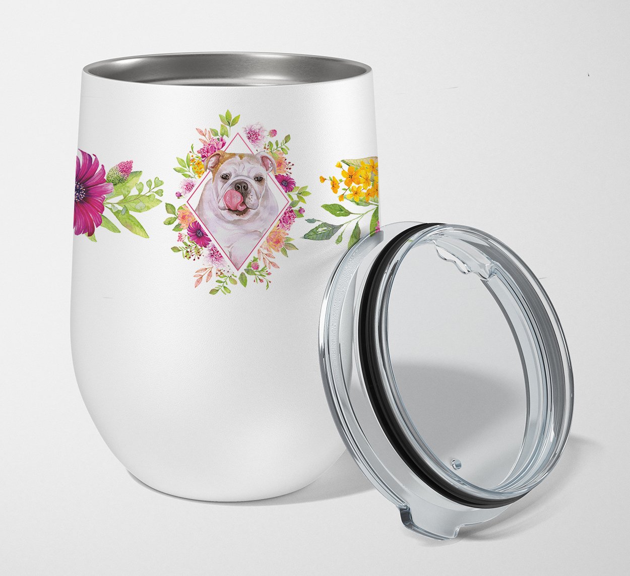 English Bulldog Pink Flowers Stainless Steel 12 oz Stemless Wine Glass CK4140TBL12 by Caroline's Treasures