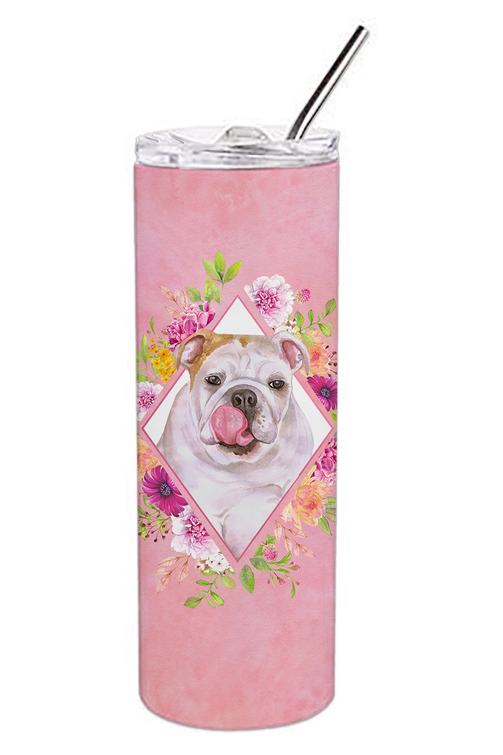 English Bulldog Pink Flowers Double Walled Stainless Steel 20 oz Skinny Tumbler CK4140TBL20 by Caroline's Treasures