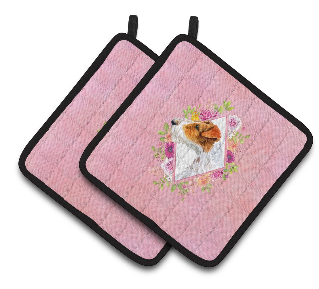 Jack Russell Terrier #2 Pink Flowers Pair of Pot Holders CK4142PTHD by Caroline&#39;s Treasures