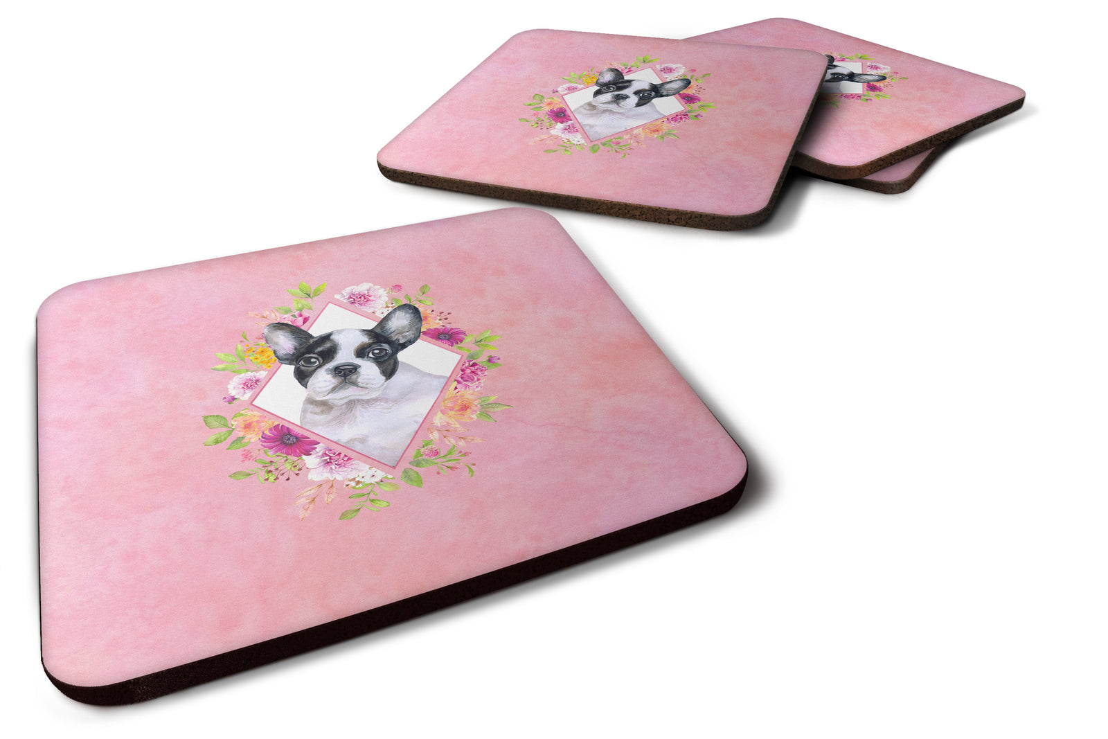 Set of 4 French Bulldog Pink Flowers Foam Coasters Set of 4 CK4143FC - the-store.com