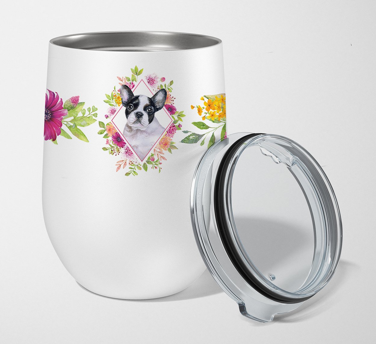 French Bulldog Pink Flowers Stainless Steel 12 oz Stemless Wine Glass CK4143TBL12 by Caroline's Treasures